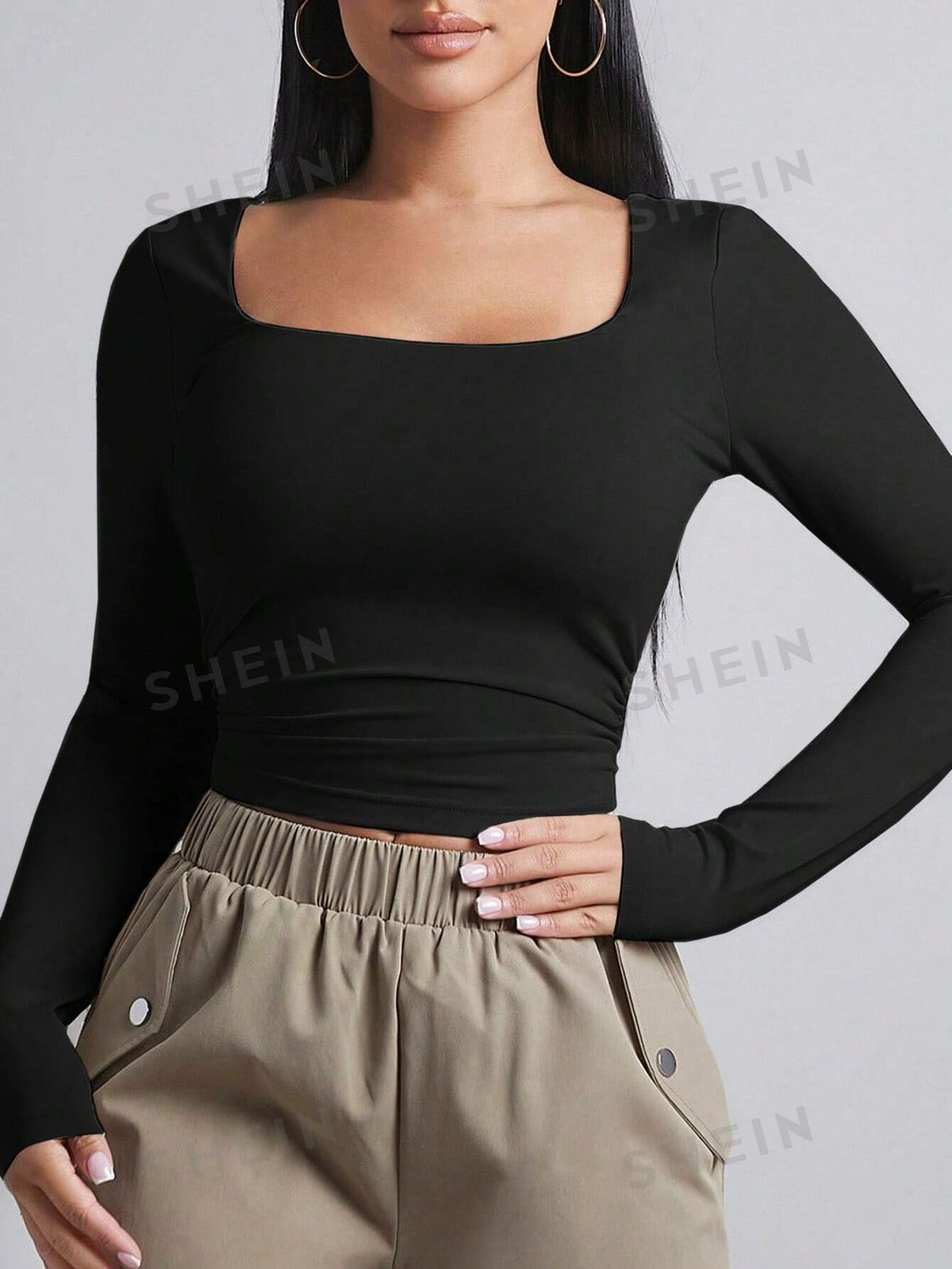 SHEIN BAE Square Neck Ruched Tee