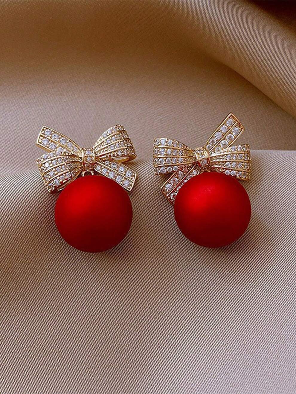 1pair Fashionable Alloy Bow & Red Bead Dangle Earrings For Women, Perfect For Christmas Party