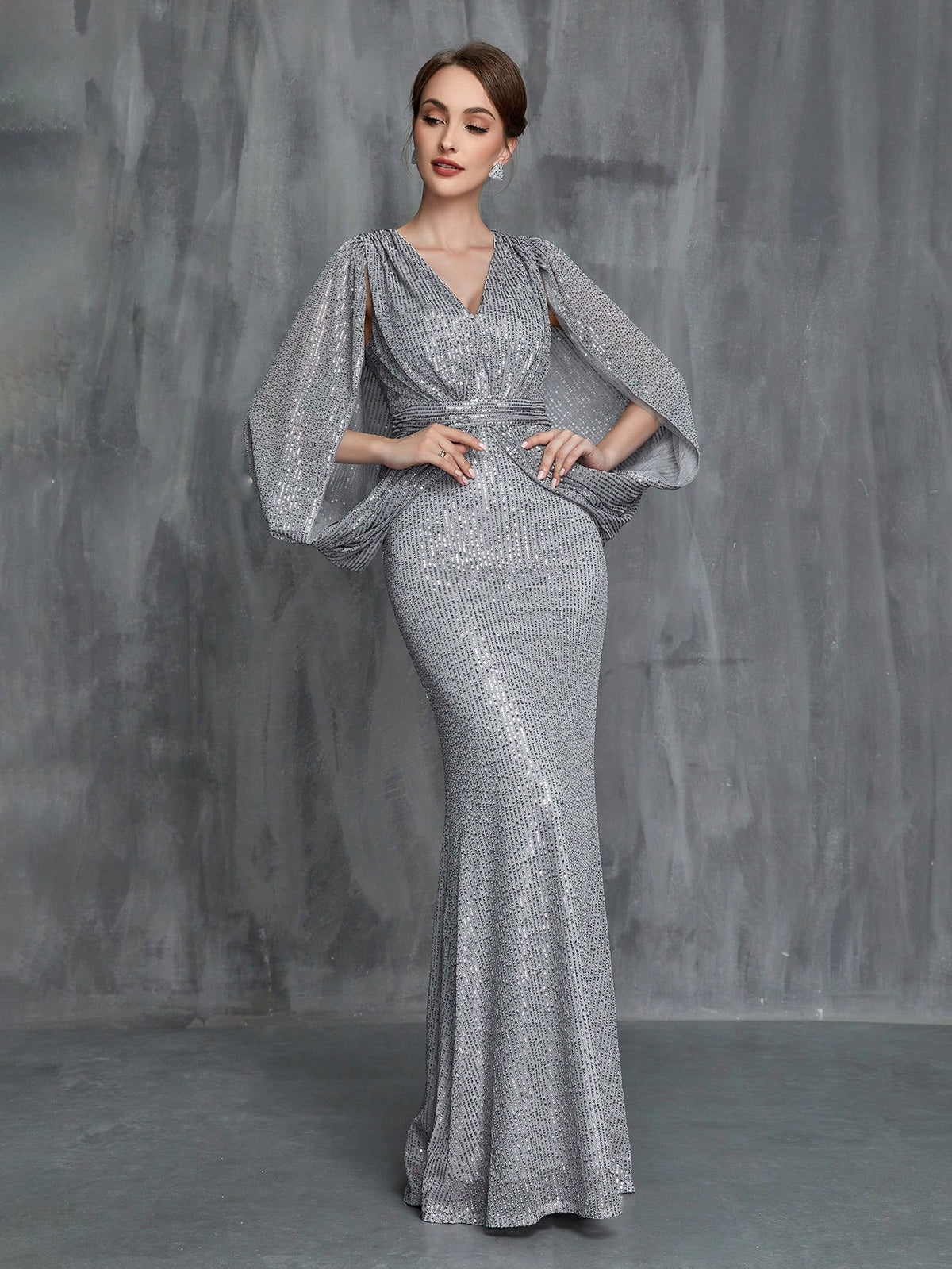 Split Sleeve Sequin Mermaid Hem Mother of the Bride Dress