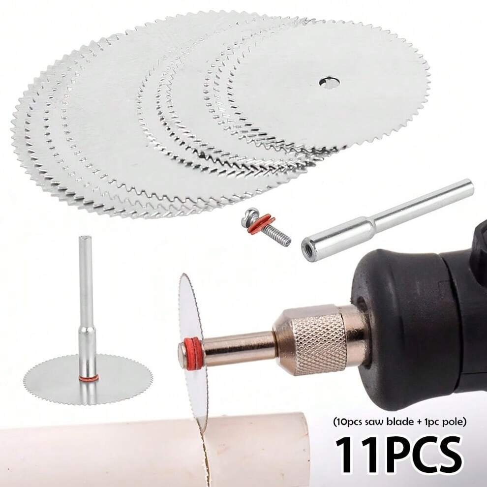 11pcs HSS Circular Saw Blade Set, Mini Cutting Disc For Wood, 10pcs Blades + 1pc Pole