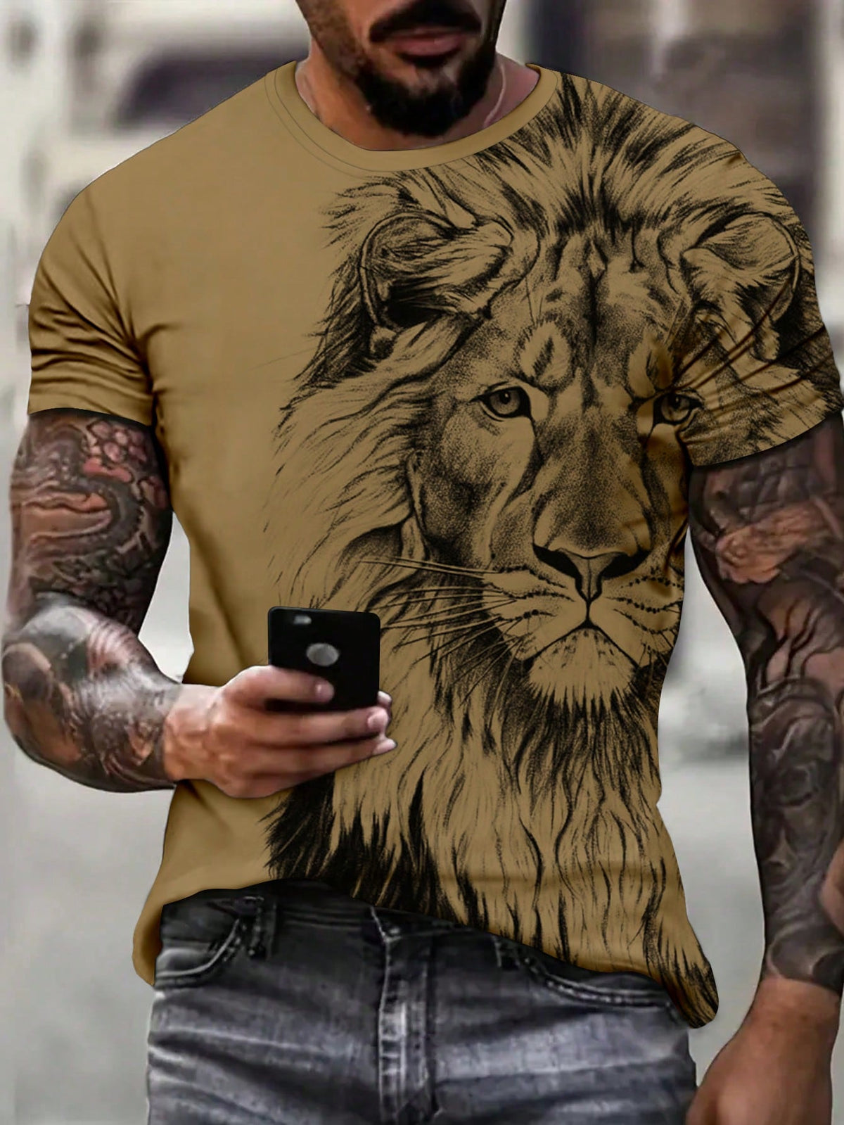 Manfinity LEGND Men's Summer Lion Printed Round Neck Short Sleeve Casual T-Shirt