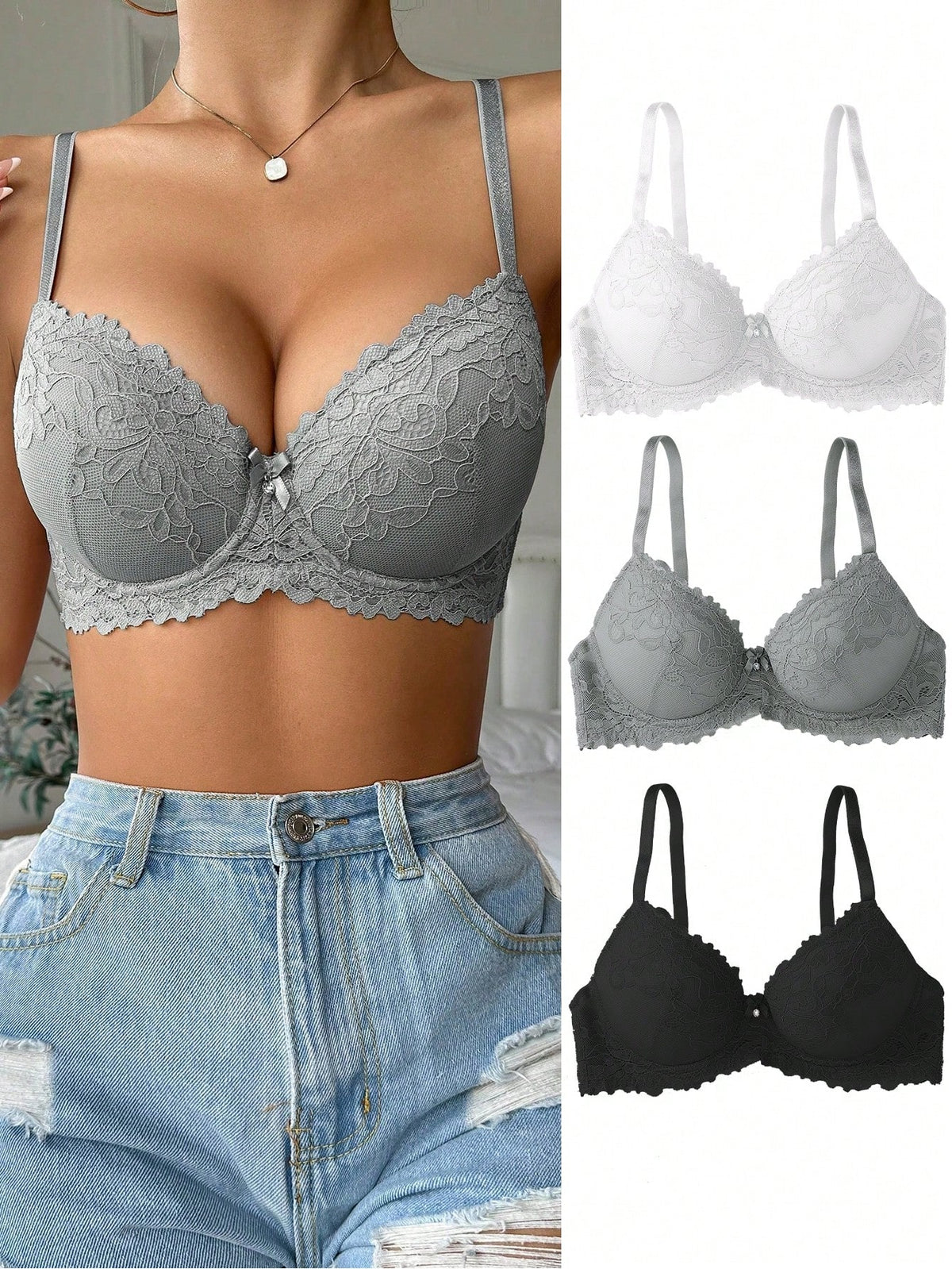 3pcs/Set Women's Lace Patchwork Solid Color Spaghetti Strap Underwire Bra