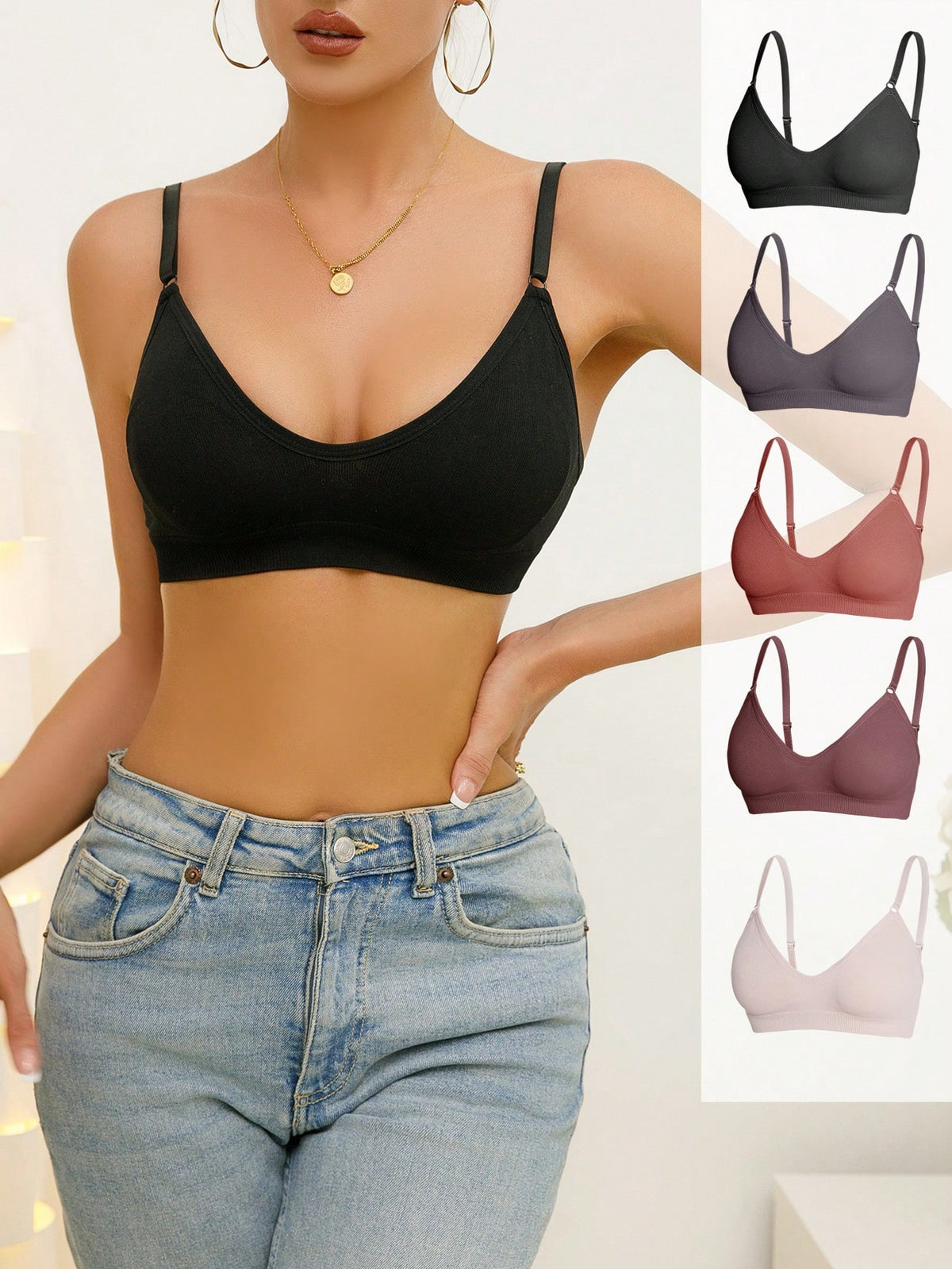 5pcs/Set Women's Solid Color Bra Set