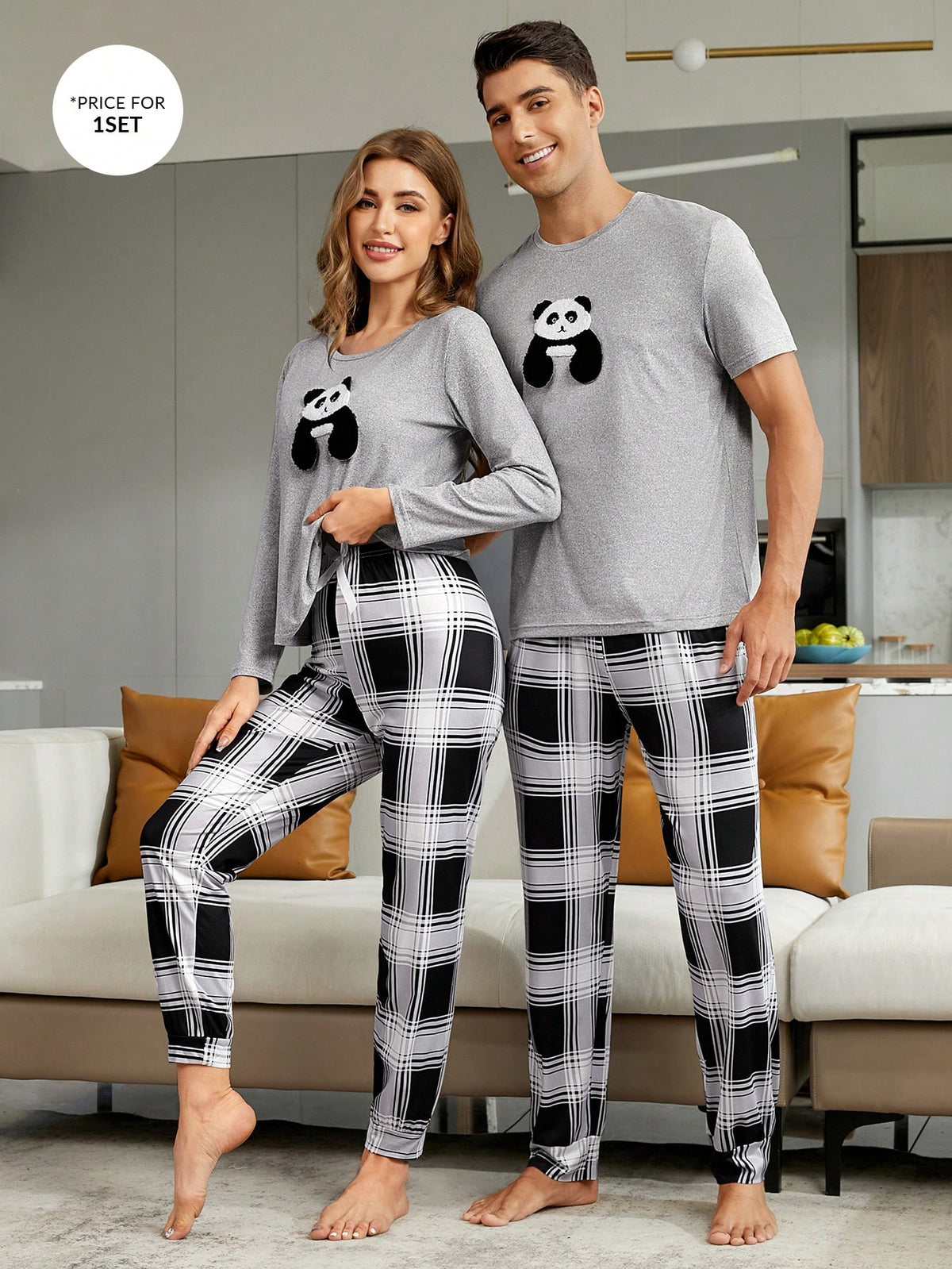 1set Panda Print Sleep Tee & Plaid Print Sleep Pants