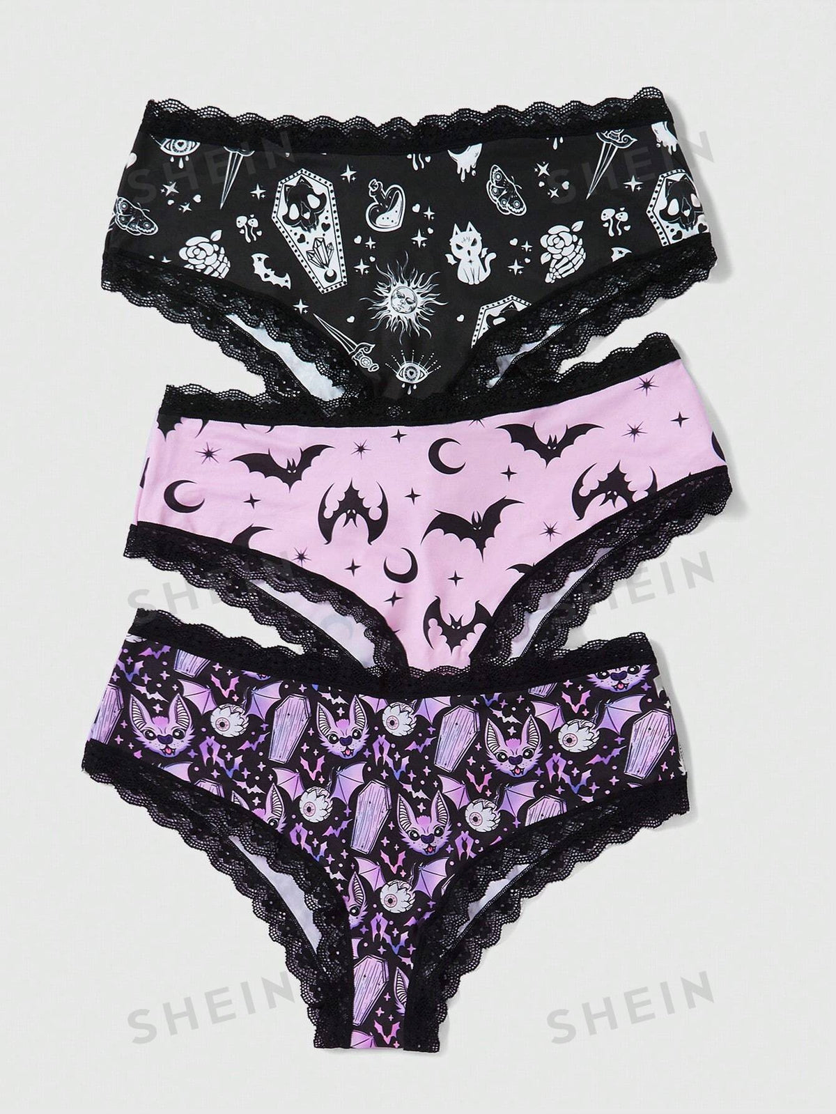 Sonchs Curiosities Plus Size Women's Bat Print Lace Trimmed Panties