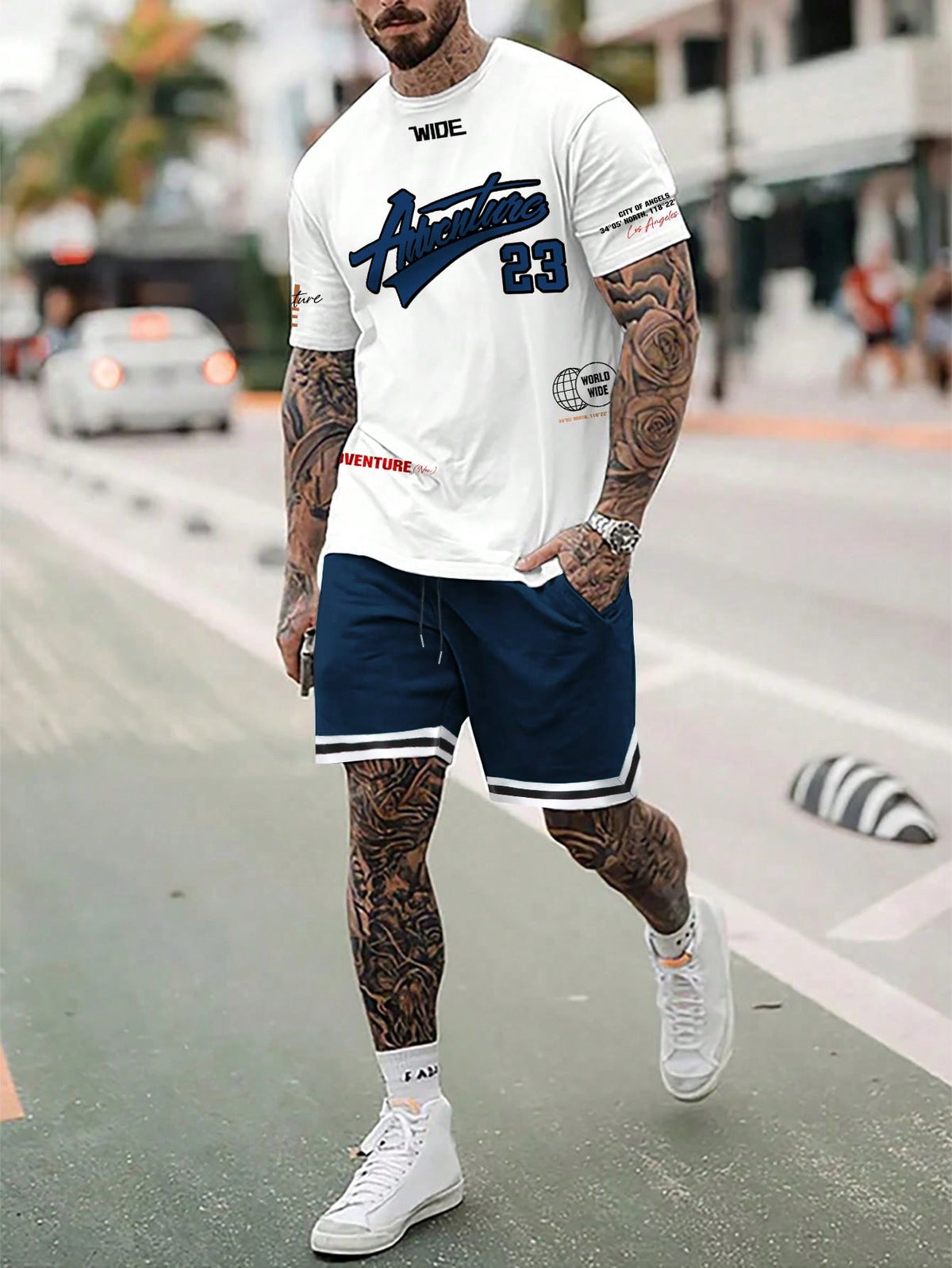 Manfinity Sporsity Men's Summer Letter Print Round Neck Short Sleeve Casual T-Shirt And Drawstring Waist Shorts Set