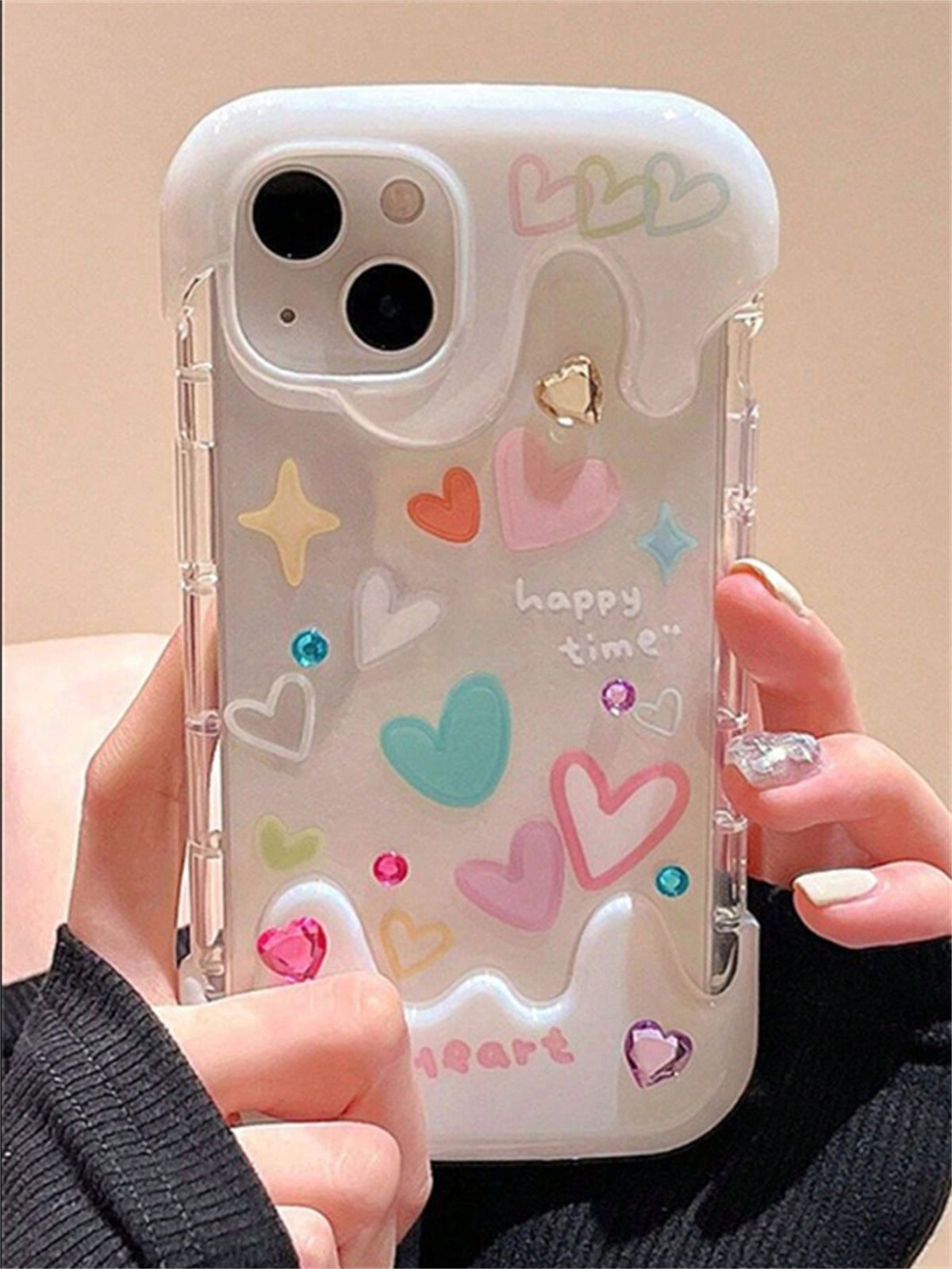 1pc Cute Colorful 3d Ice Cream Cone Shaped Phone Case With Rhinestones And Heart Pattern, Compatible With Apple Phones