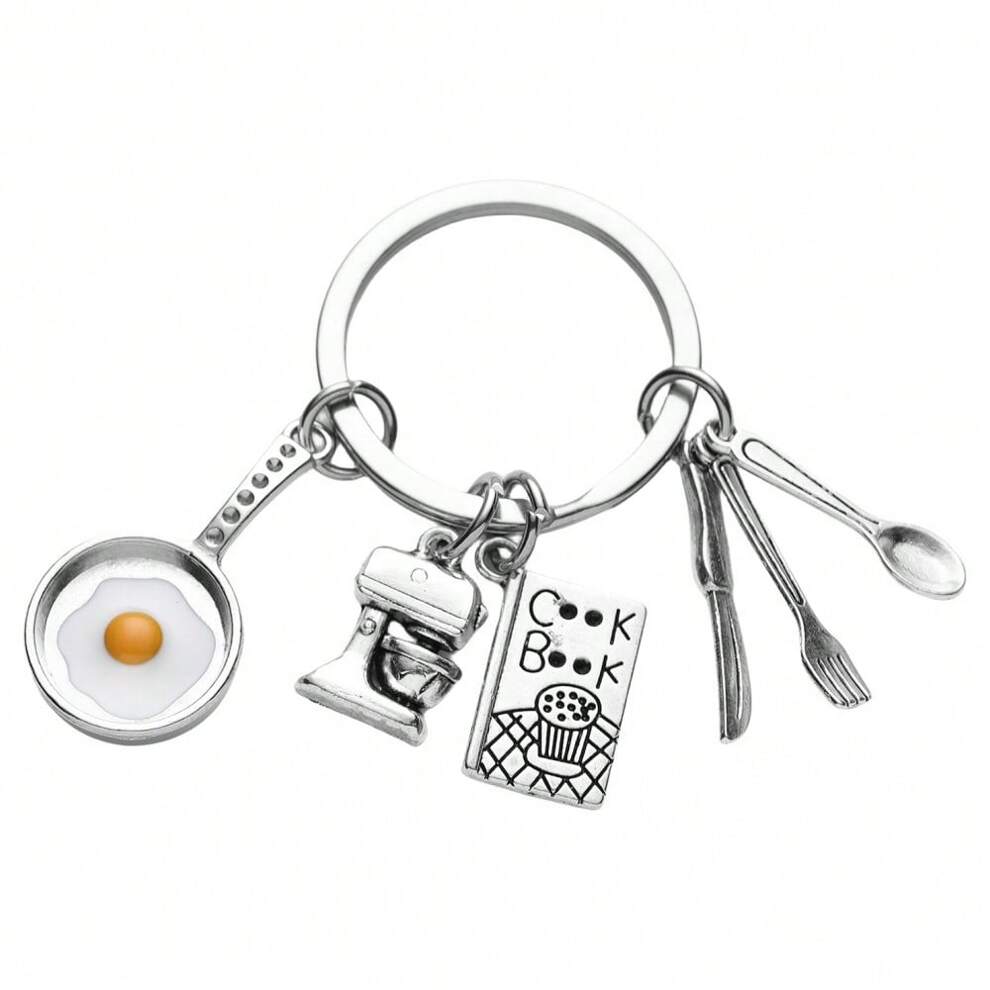 1pc Cooking Themed Women's Keychain With Fried Egg Pan, Mixer, Chef's Book, And Utensils Design