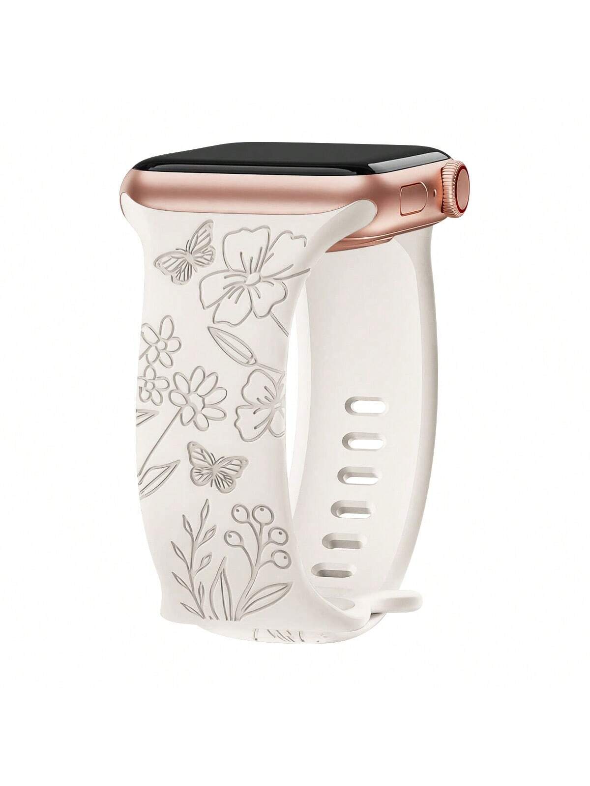 Floral Engraved Bands Compatible With Apple Watch Band 44mm 40mm 38mm 41mm 45mm 49mm 42mm Women, Soft Silicone Cute Rose Flower Pattern Sport Strap Compatible With Apple Watch Bands Series Ultra Ultra