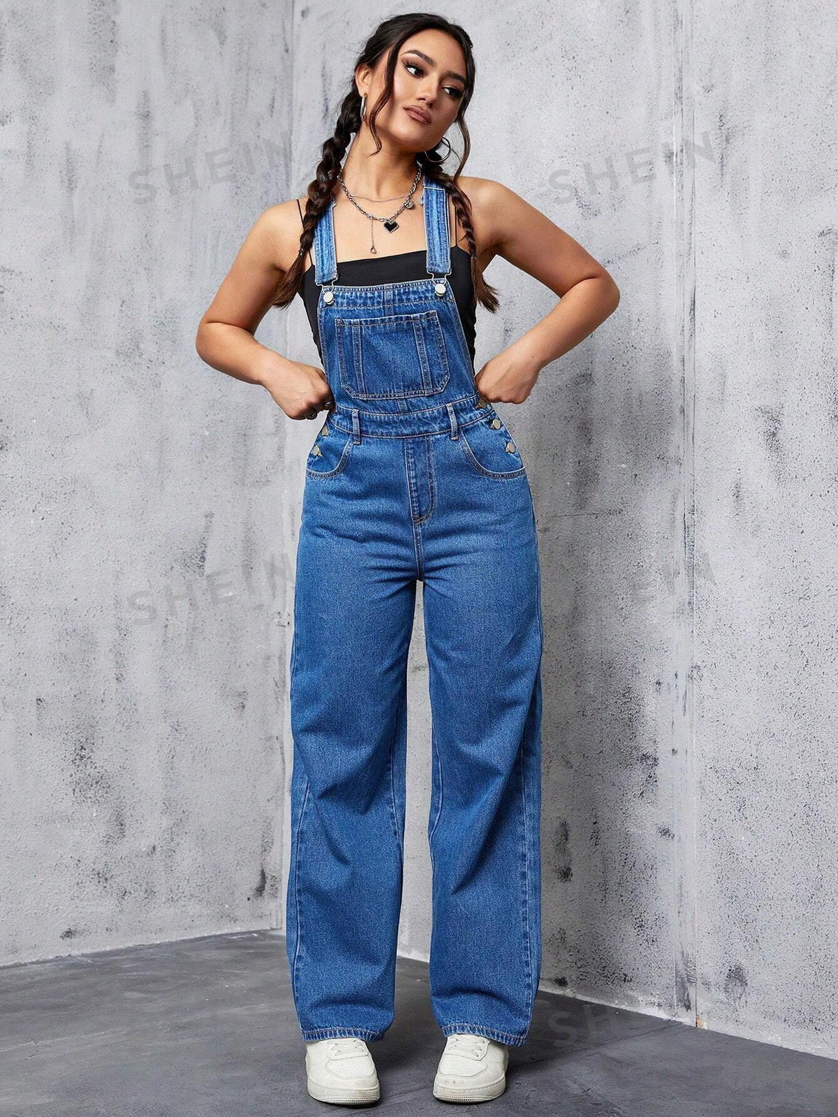 SHEIN EZwear Coolmax Women Fashionable Simple Casual Loose Wide-Leg Denim Jumpsuit