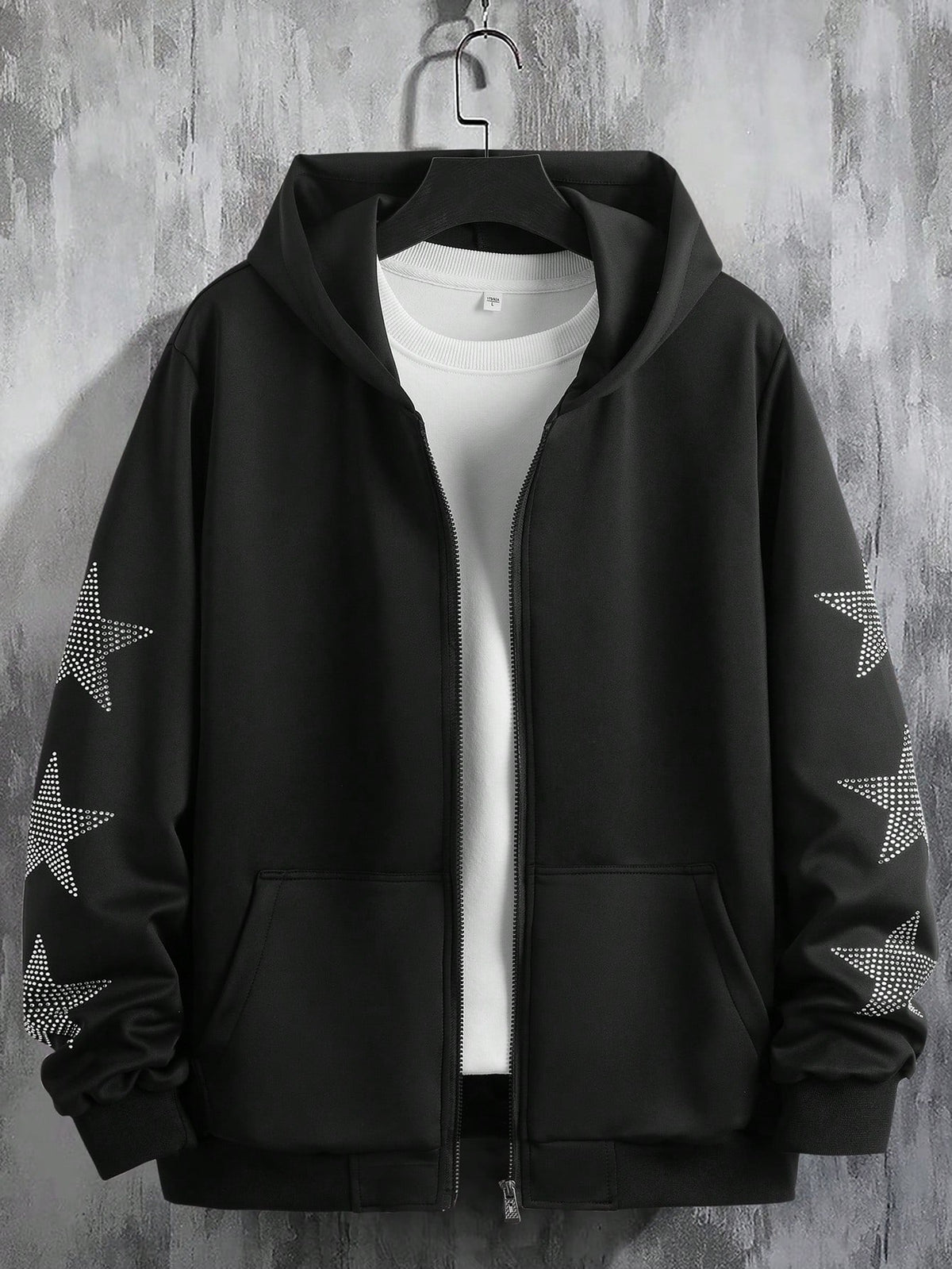 Manfinity Hypemode Men Rhinestone Star Pattern Zip Up Hooded Jacket Without Tee