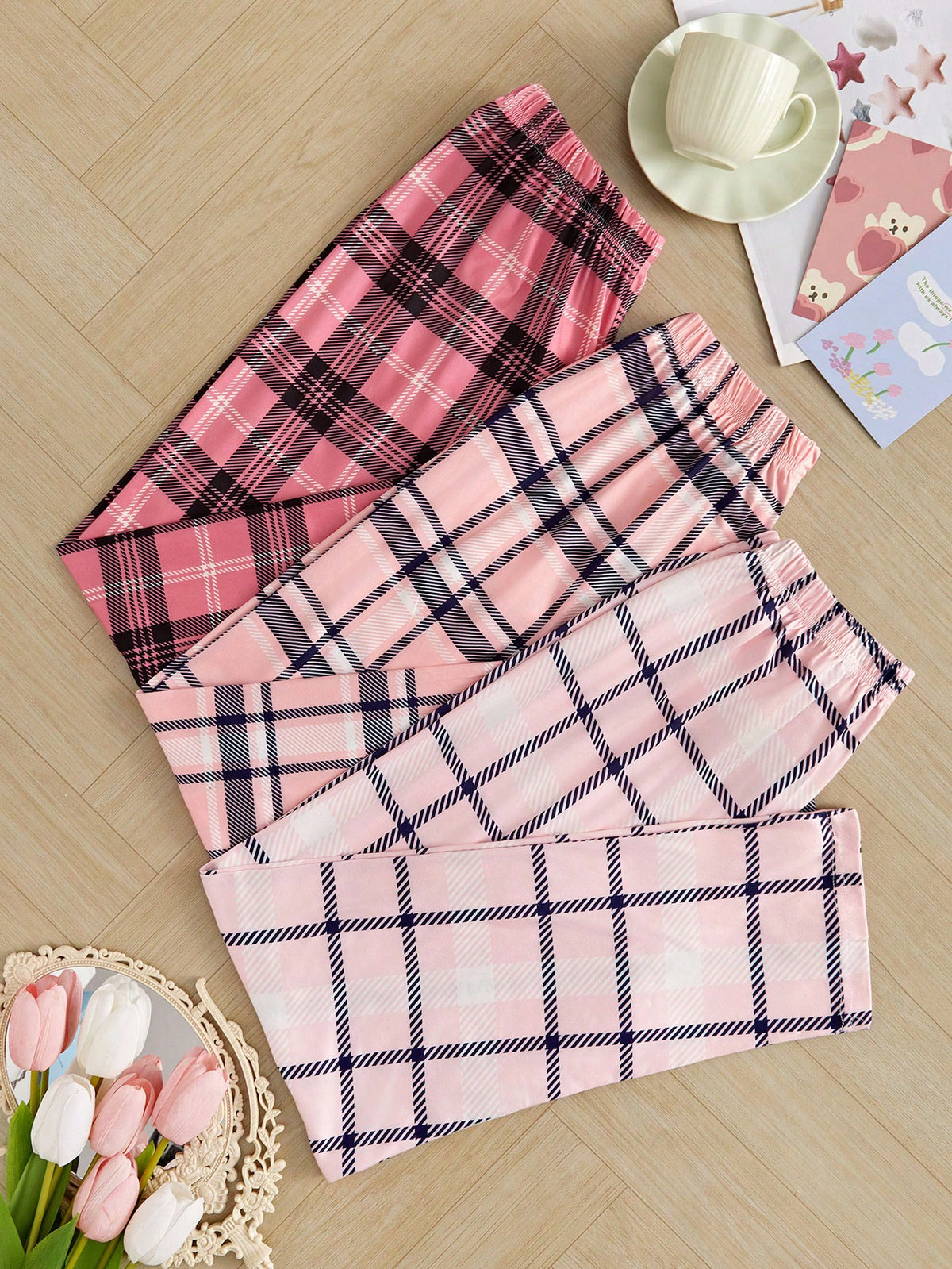 3pcs Plaid Print Pajama Sleep Pants