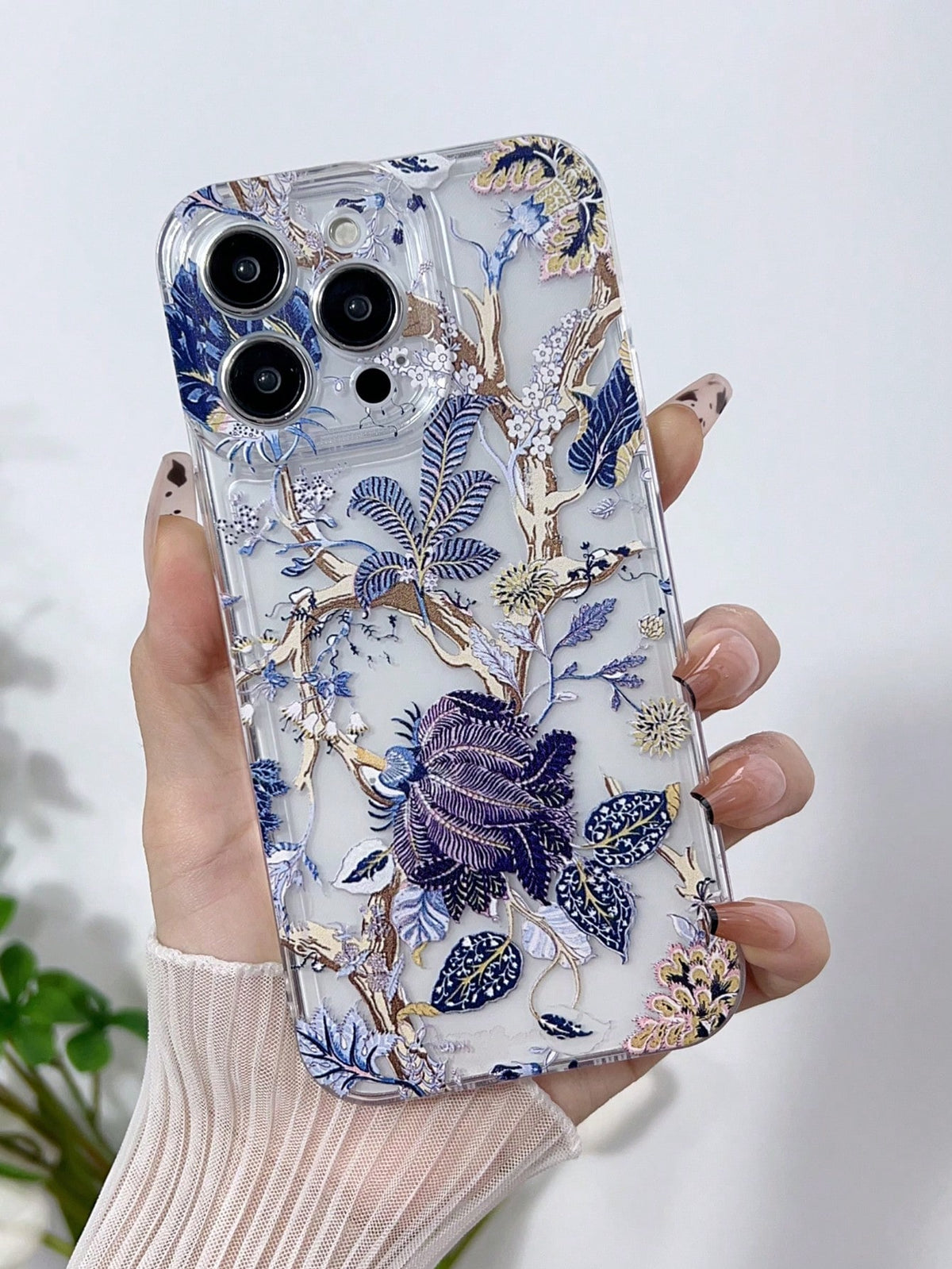 1pc Simple Vintage Plant Flower Anti-Fall Electroplated Lens Ring Transparent TPU Phone Case Compatible With IPhone 11/12/13/14/15promax