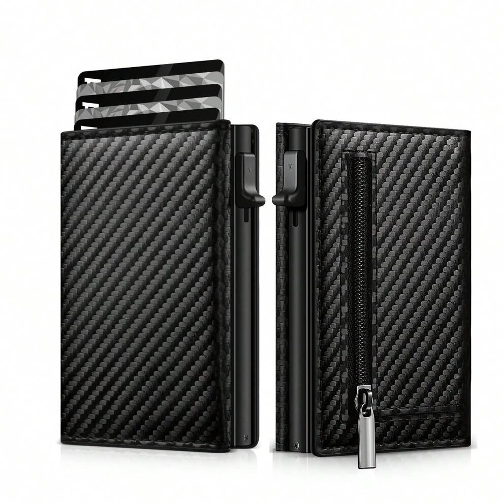 1pc Carbon Fiber Texture Trifold Magnetic Card Holder Wallet With Zipper Anti-theft Rfid Wallet For Men