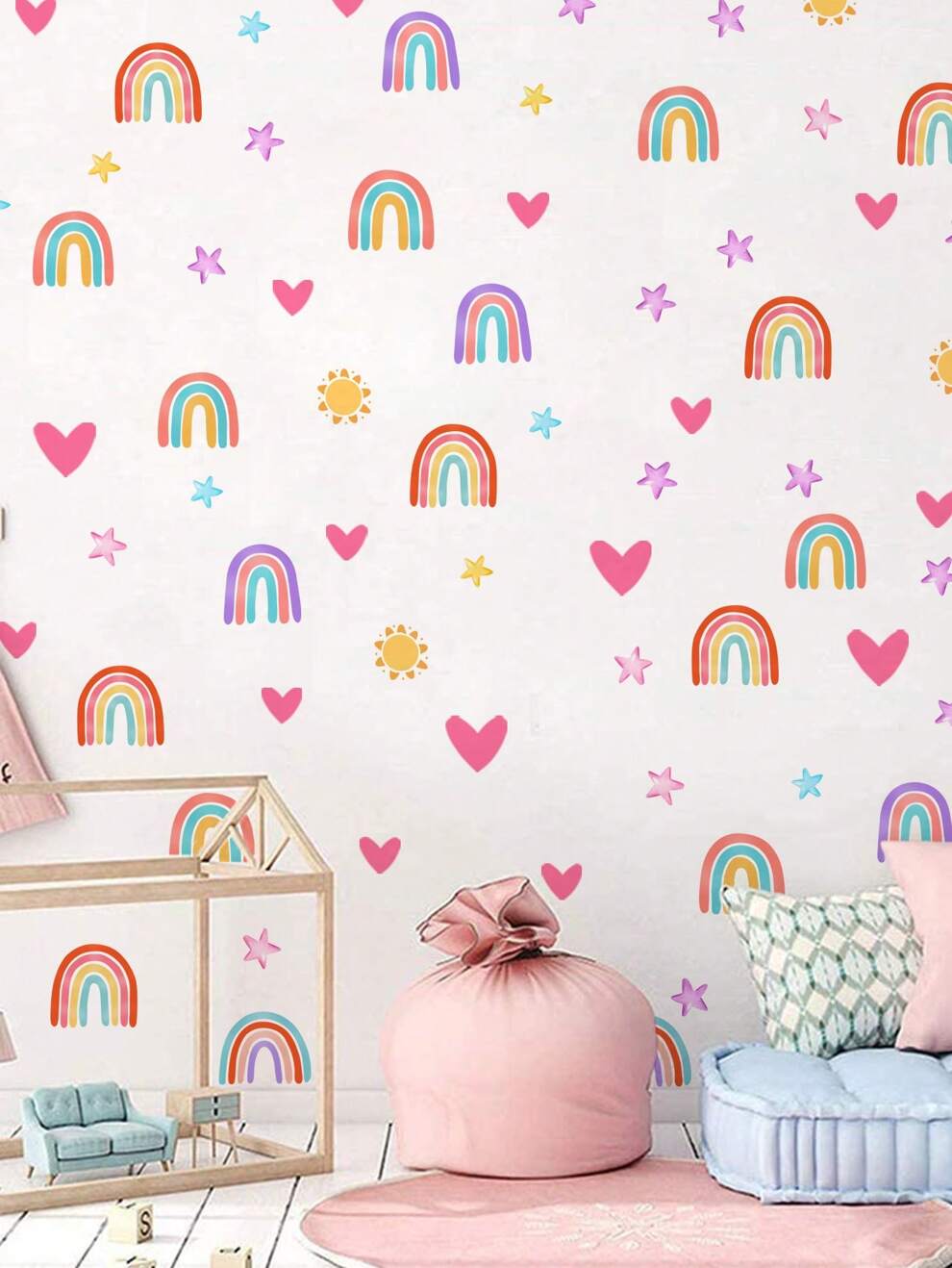 82Pcs Boho Rainbow Wall Decor Stickers Small Rainbow Wall Decal Watercolor Rainbow Heart Sun Star Wall Stickers for Girls Boys Baby Bedroom Nursery Wall Decor