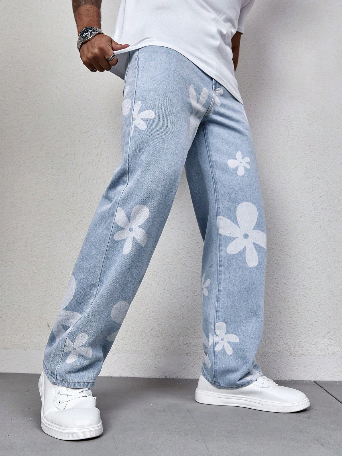 SHEIN Men Floral Print Straight Leg Jeans Baggy Long Washed Light Jean Cargo Graphic Plain Blue Party Funny Couple Matching