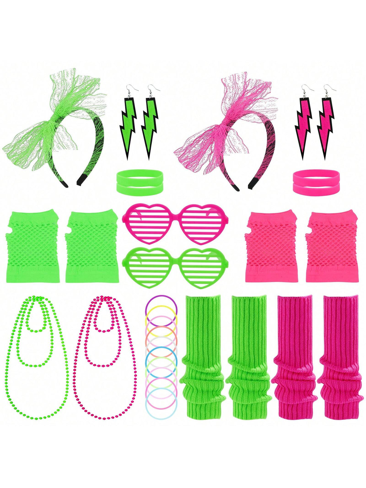 32pcs 1980s Neon Fancy Dress Costume Set, Pink Green Retro Party Costume Accessories for Women Girls, Headband Gloves Necklaces Bead Glasses Earring Bracelets Leg Warmers, 80s Theme Party Accessories