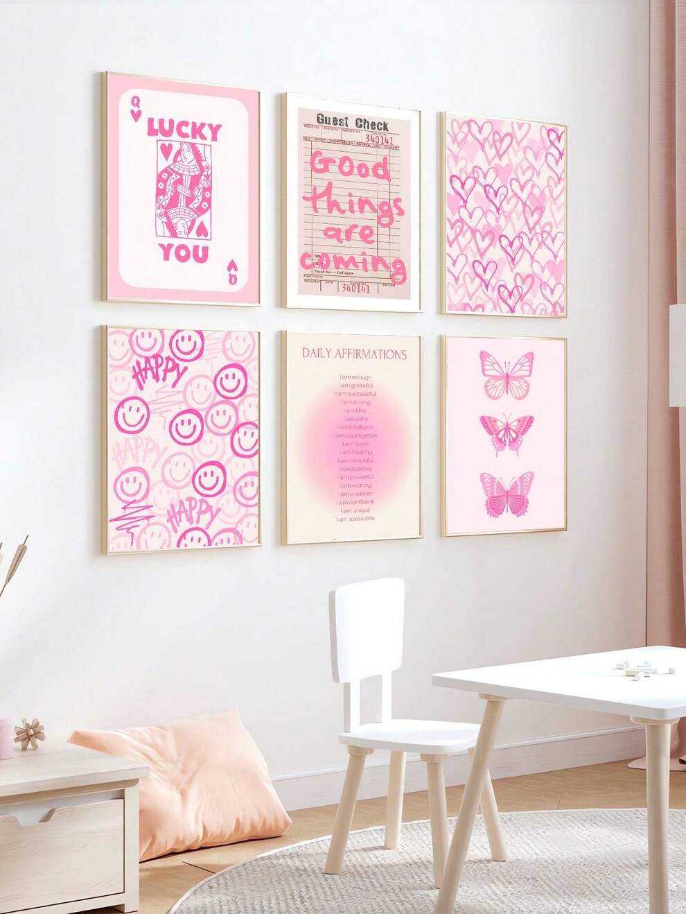 Set of 6 Pink Preppy Art Trendy Poster Positive Daily Affirmations Butterfly Guest Check Queen Card Painting Canvas Print Aesthetic Wall Picture Modern Living Room Girls Bedroom Dorm Dinging Room Home