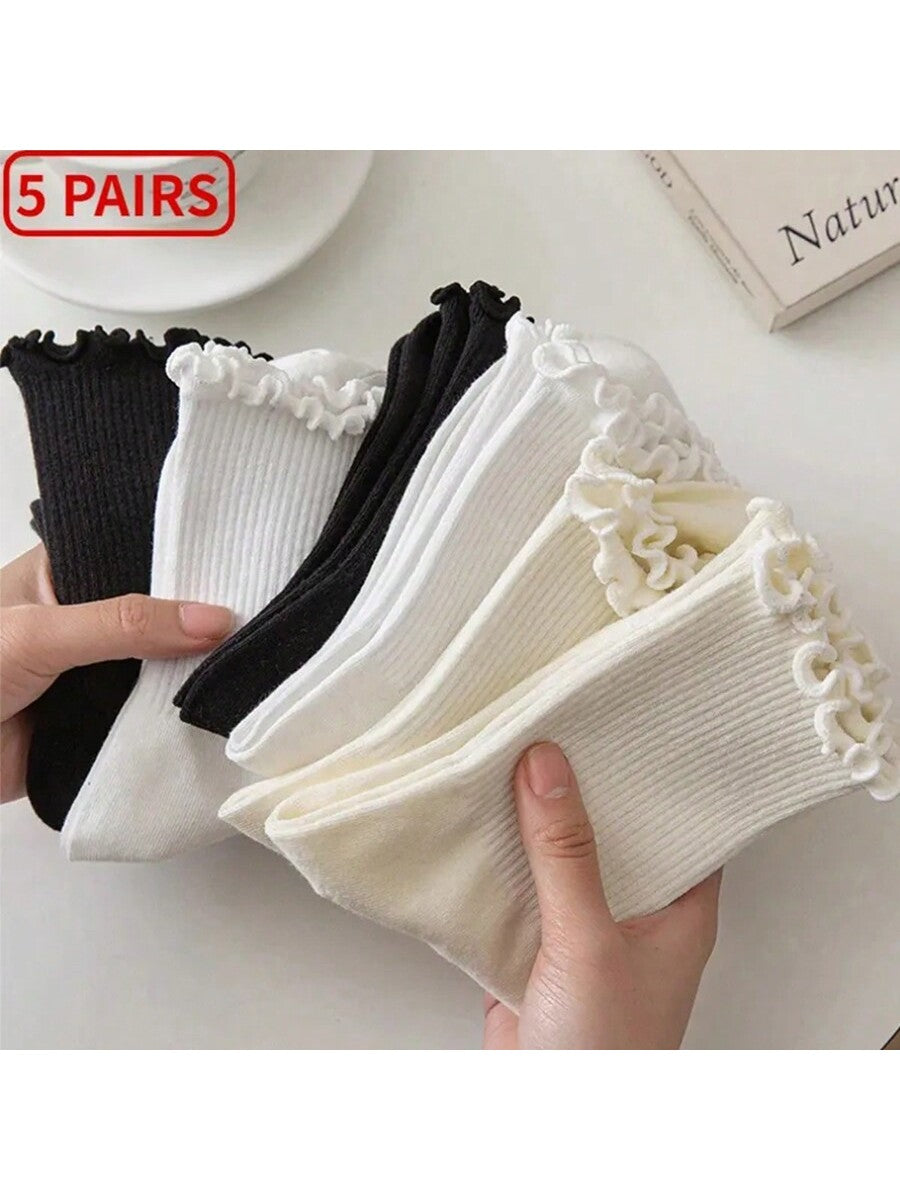 Ruffle Socks for Women 5pair /Lot Wood Ear Lace Mid Crew Middle Tube Ankle High Breathable Black White Calcetines Female