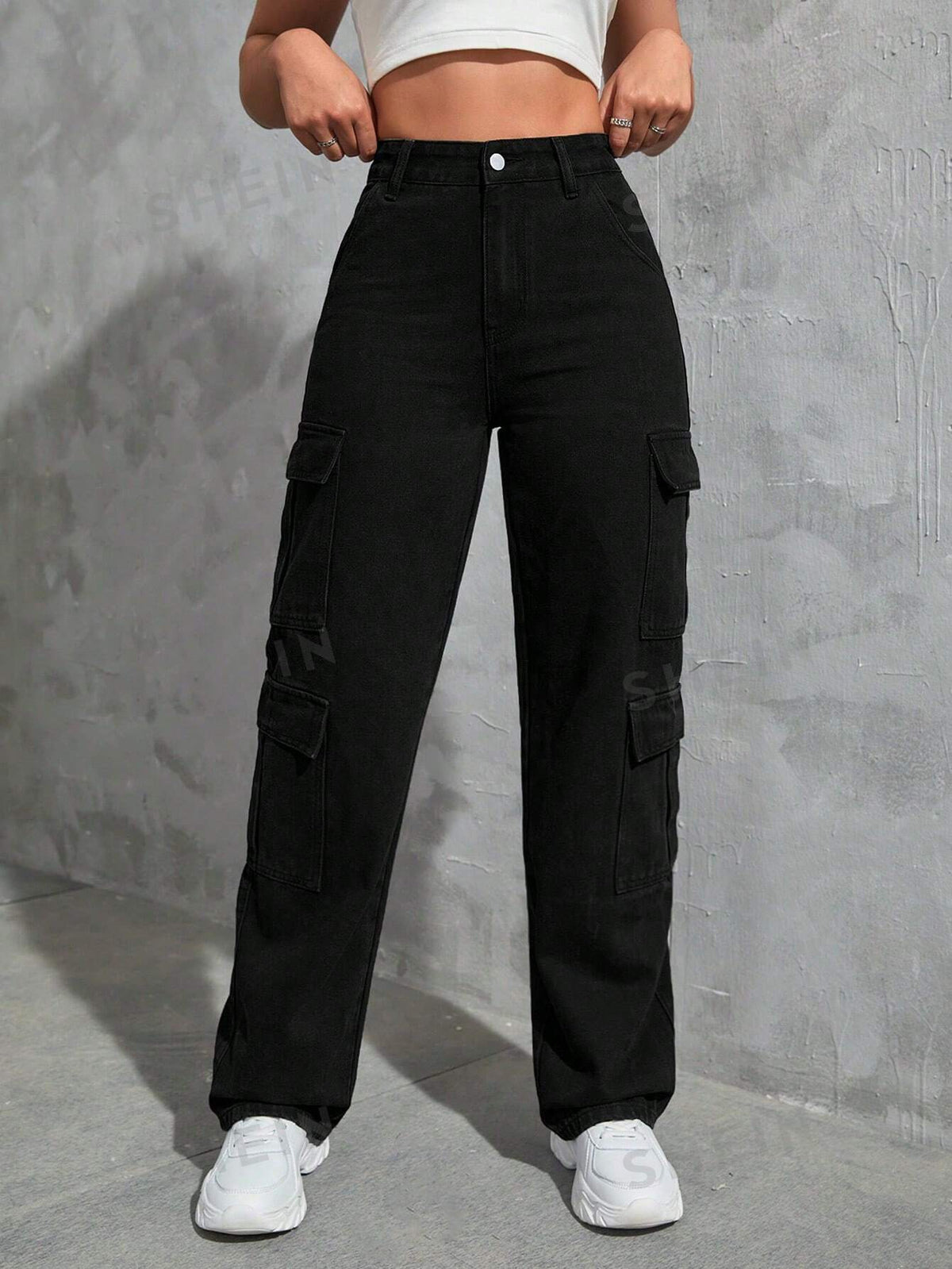 SHEIN Tall Zipper Fly Cargo Denim Pants