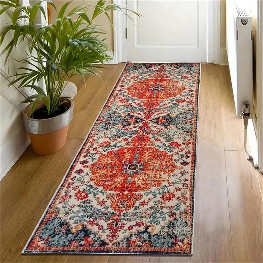 1pc Long Hallway Corridor Rug Mat, Living Room Foyer Area Carpet, Water-washed Chenille Anti-slip Mat, Faux Wool Carpet