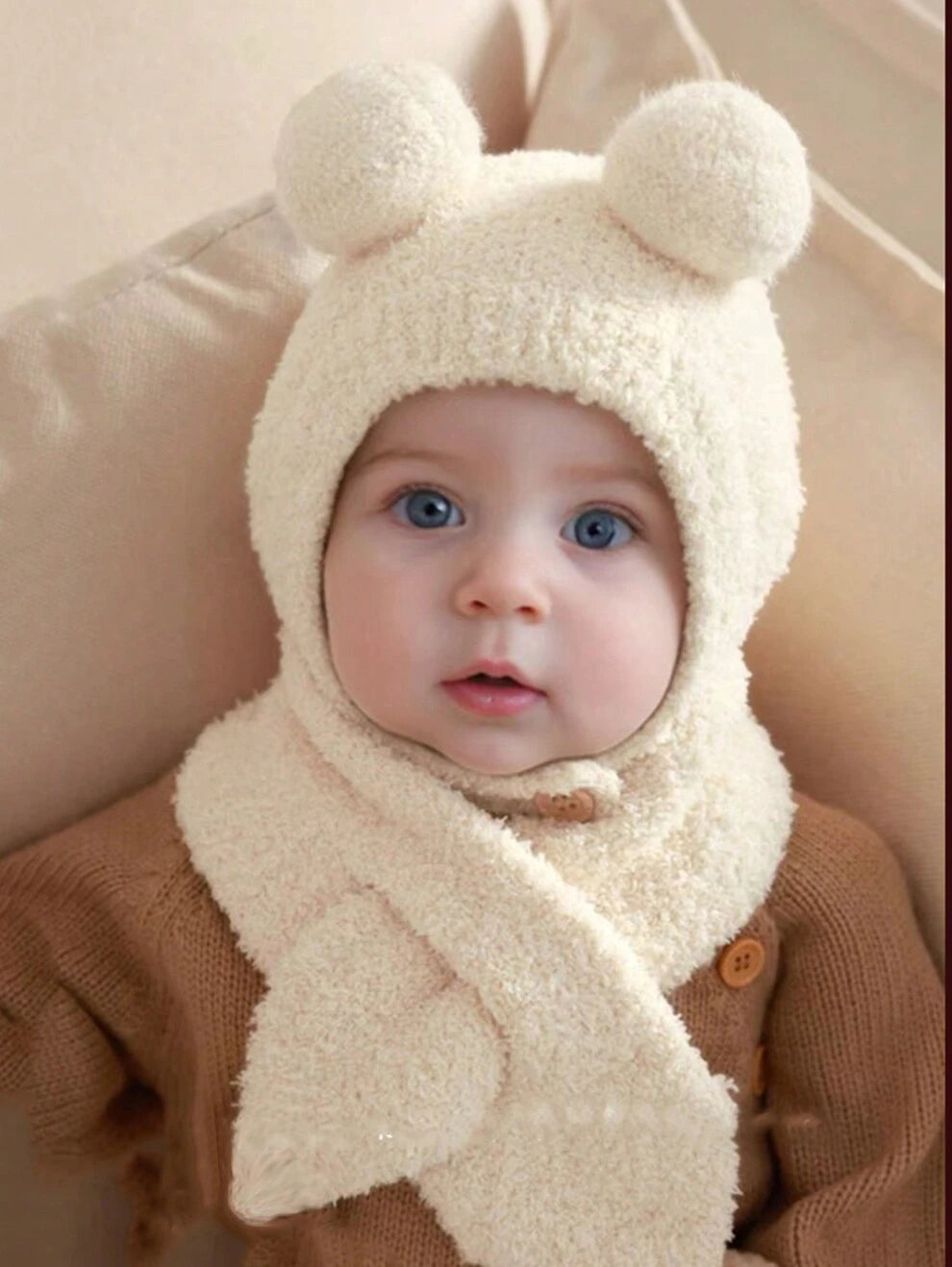 1 Set Fluffy Beige Double Pom Pom Baby Ear Protection Hat & Scarf Set For Children, 2pcs/set