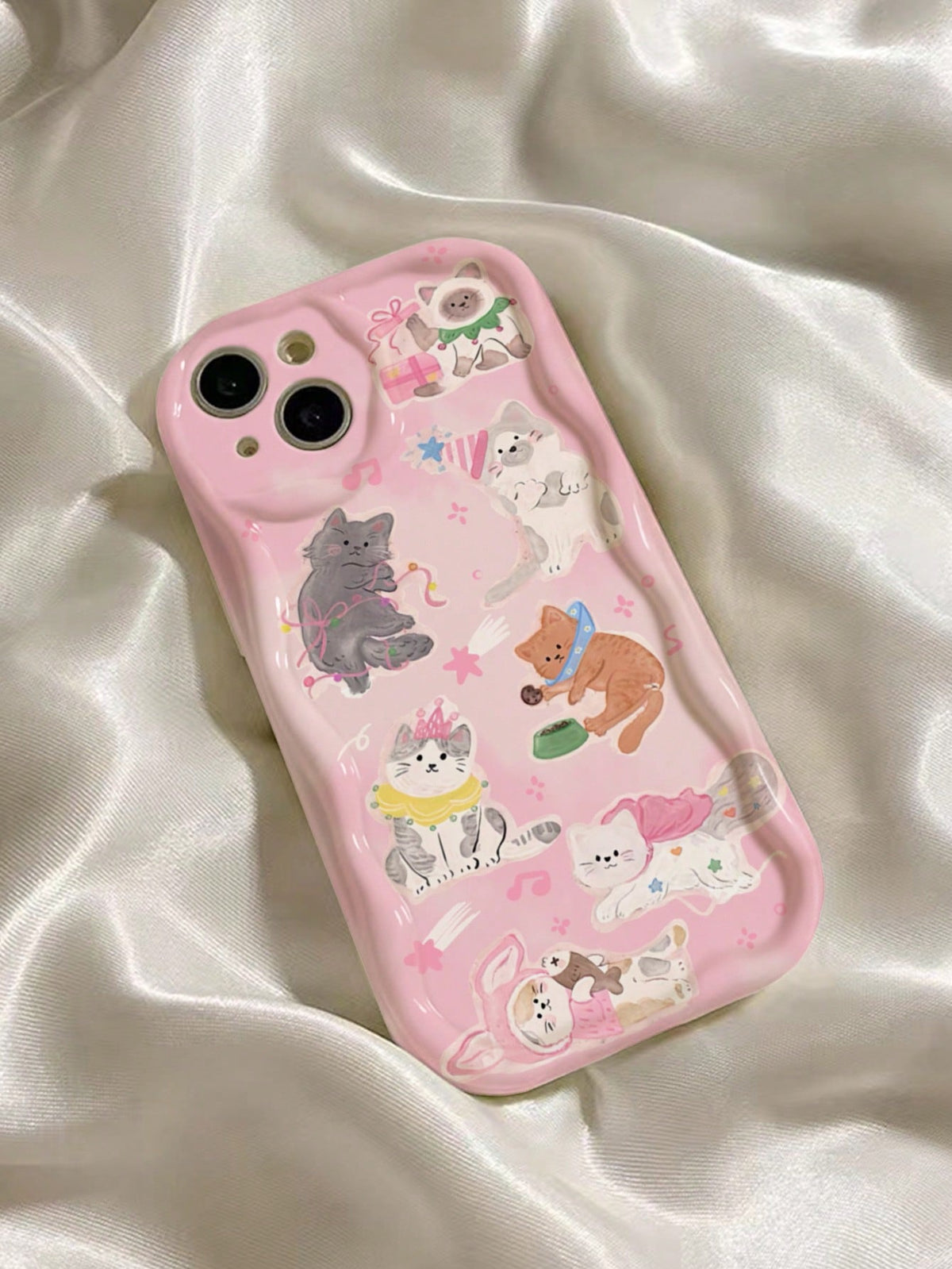 Baby Pink 1pc White 3d Wave Pattern With Cute Pink Cat Design Phone Case Compatible With IPhone