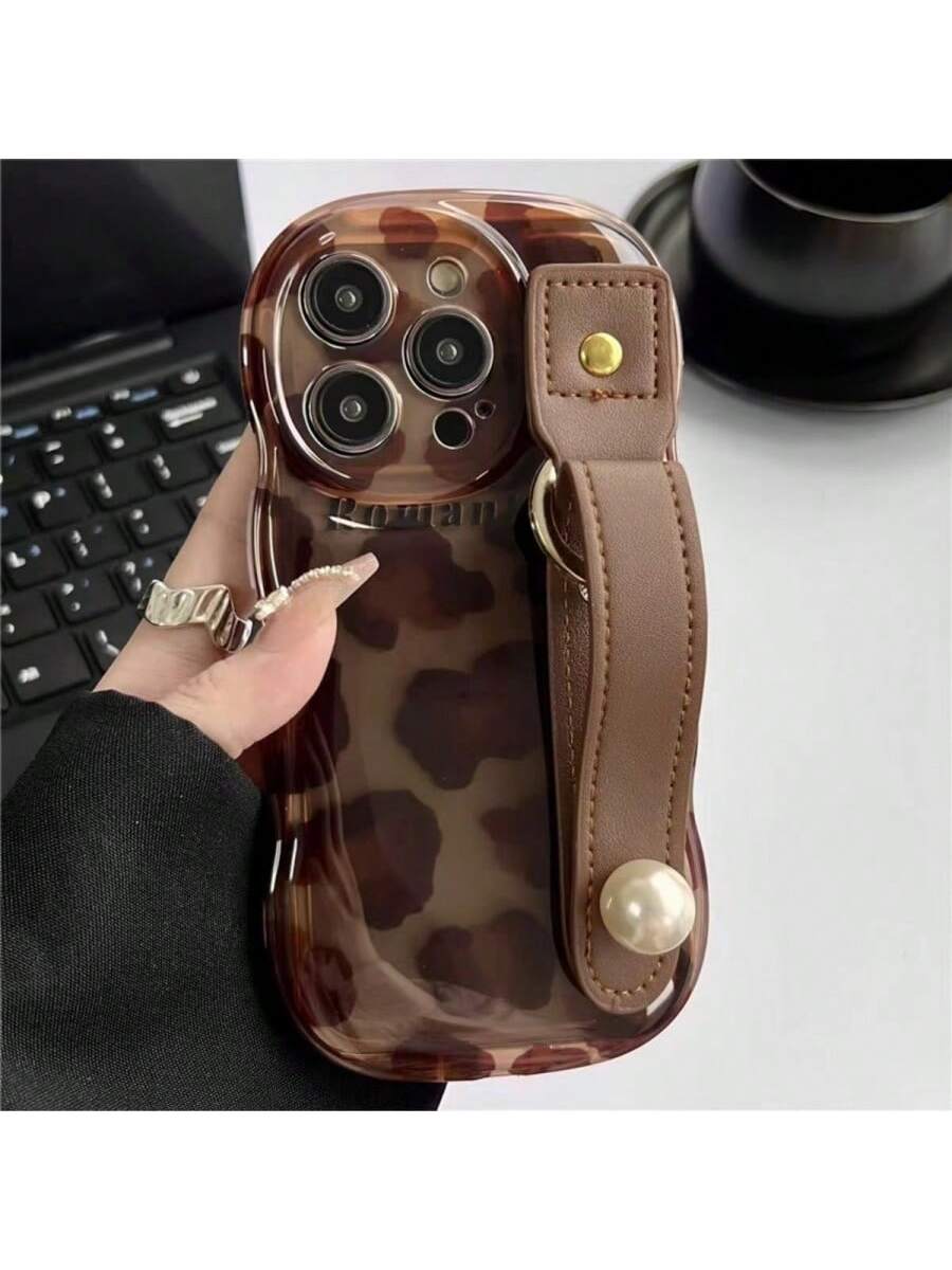 1pc Wave Pattern 3d Leopard Print Phone Case / Faux Pearl Beaded Leather Strap Tpu Phone Case, Compatible With Iphone 15 Pro Max/14 Pro