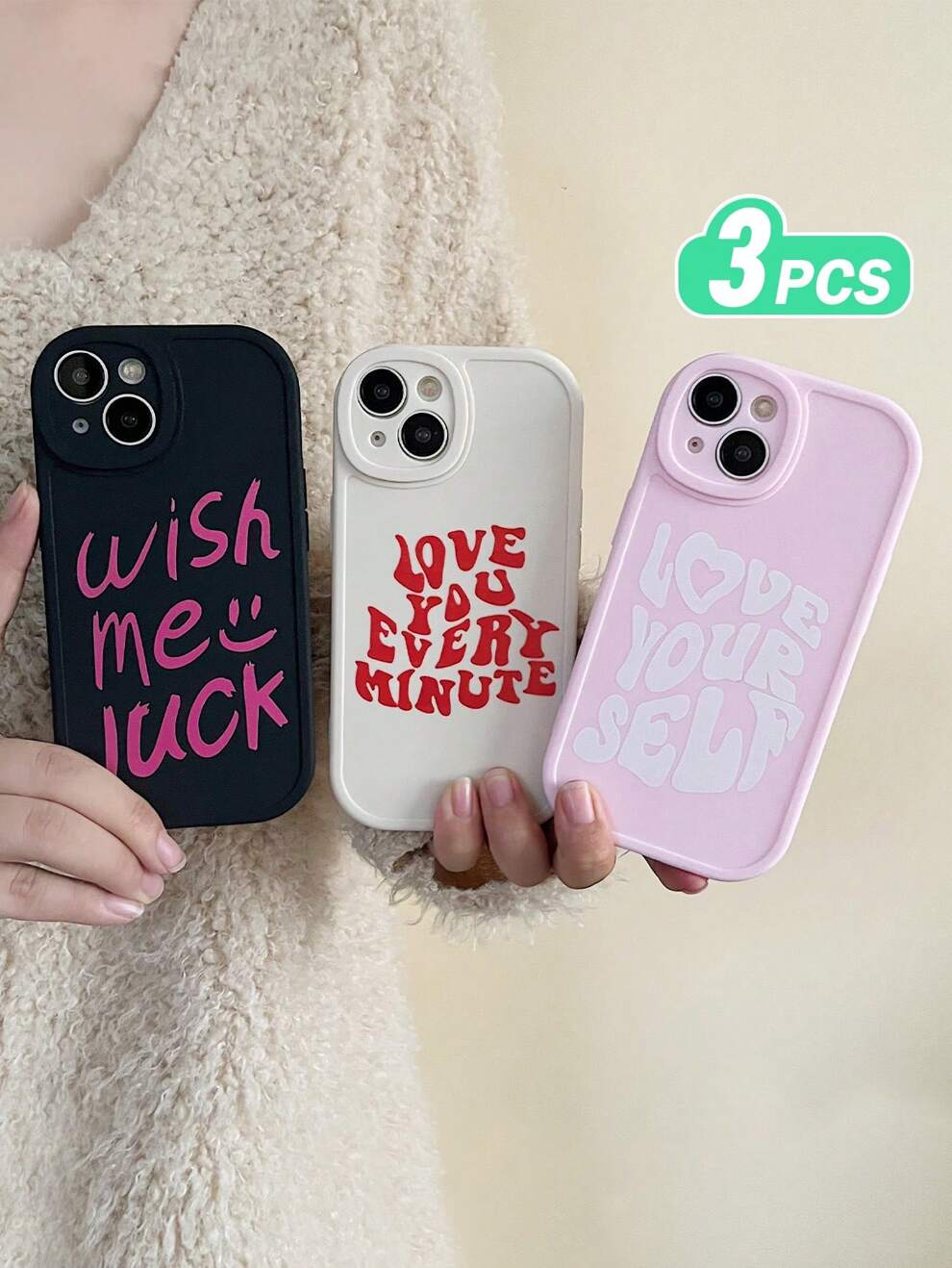 3pcs Inspirational English Big Eye Black, White, Pink Camera Full Coverage Matte Phone Case Compatible With IPhone, Samsung, Galaxy, IPhone 11, IPhone 13, IPhone 14, IPhone 15, S24