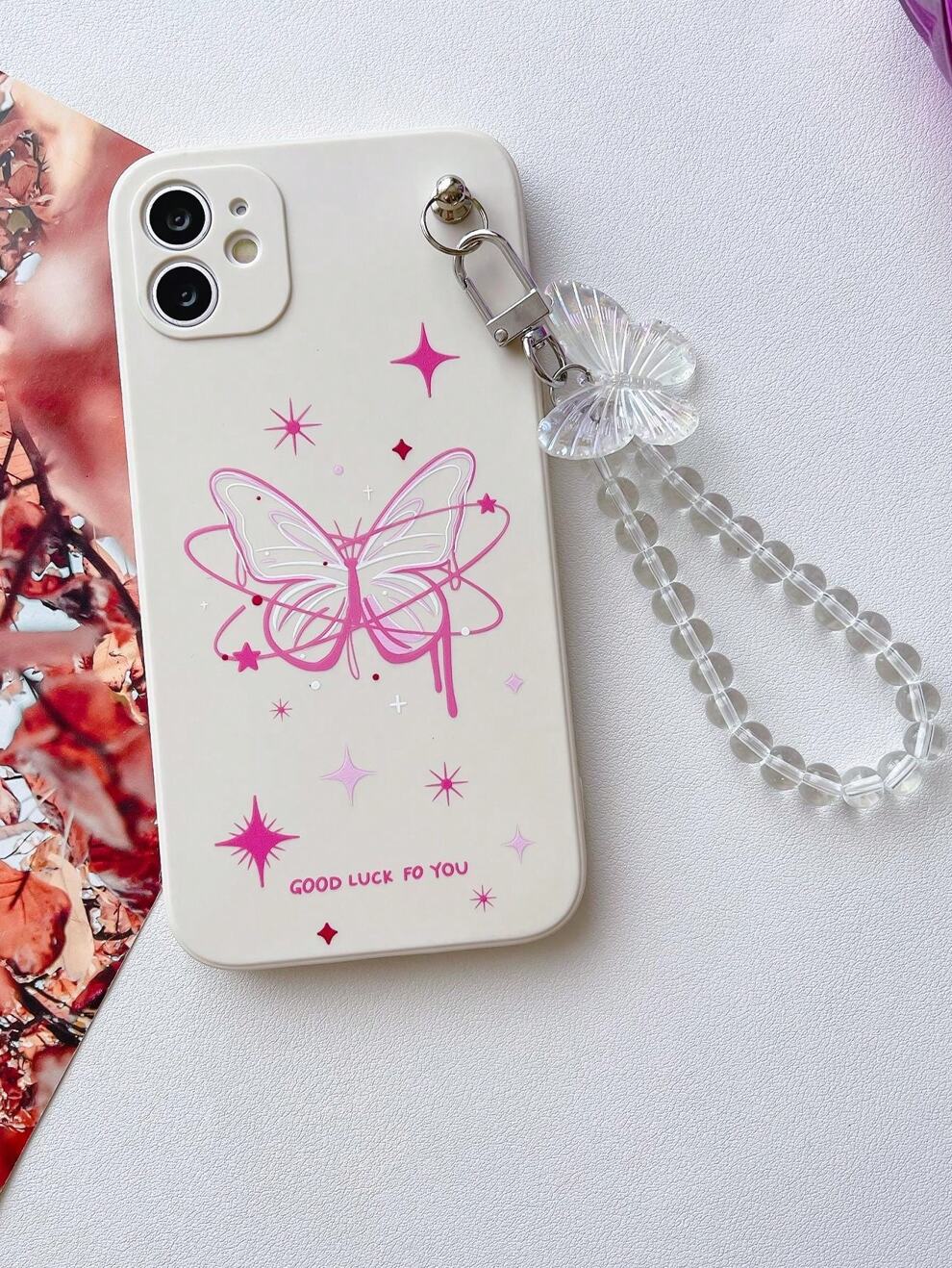 1pc Butterfly Pattern TPU Phone Case In Color & 1pc Transparent Butterfly Bracelet Phone Case Compatible With Iphone/Samsung/Xiaomi/Oppo