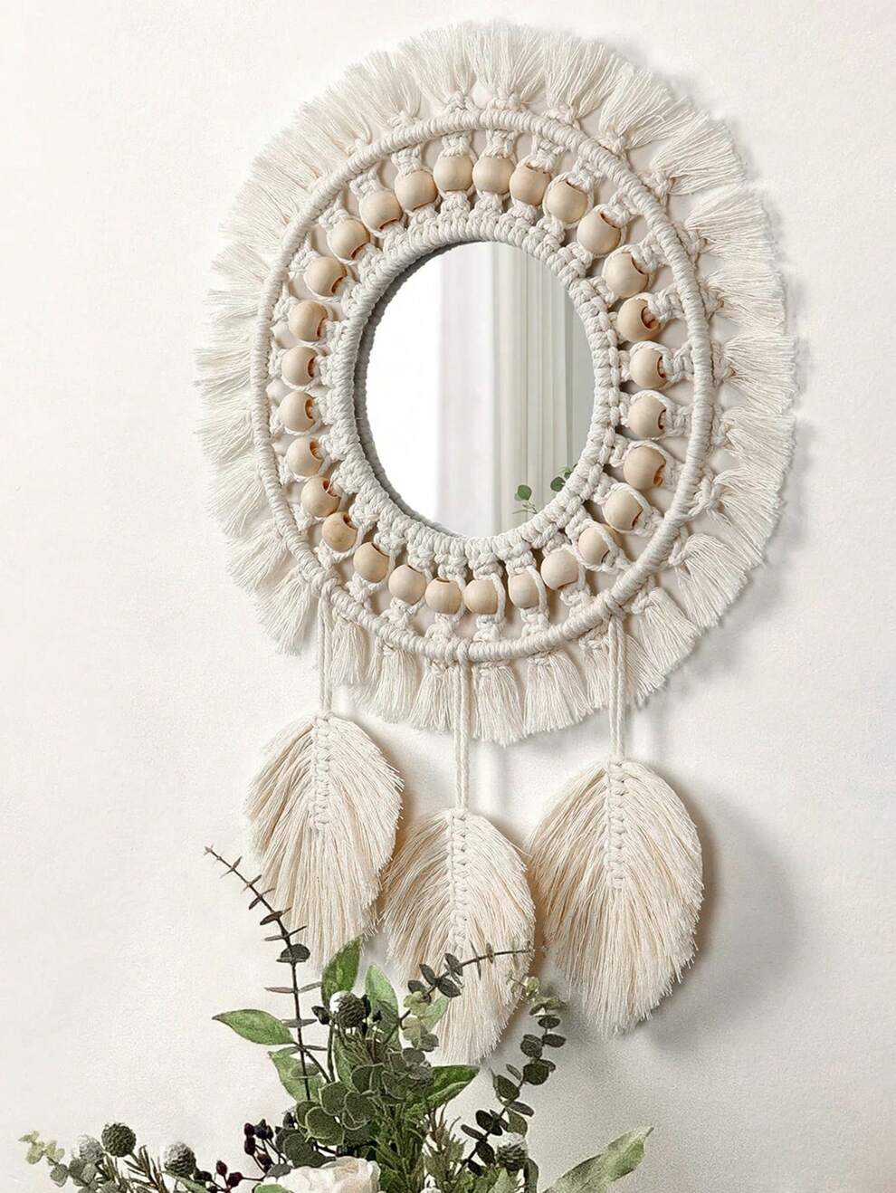 1PC Hanging Wall Mirror With Macrame Fringe Round Boho Antique Weave Mirrors