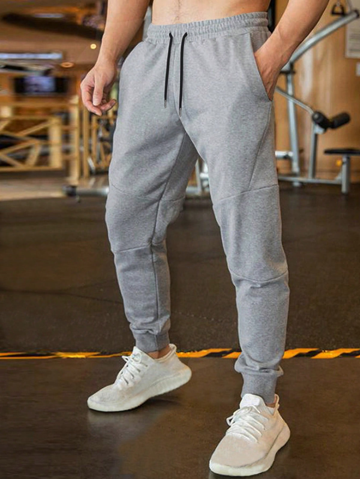 Manfinity Homme Men Drawstring Waist Solid Sweatpants Long Sweat Pant Plain Black Gym Basic