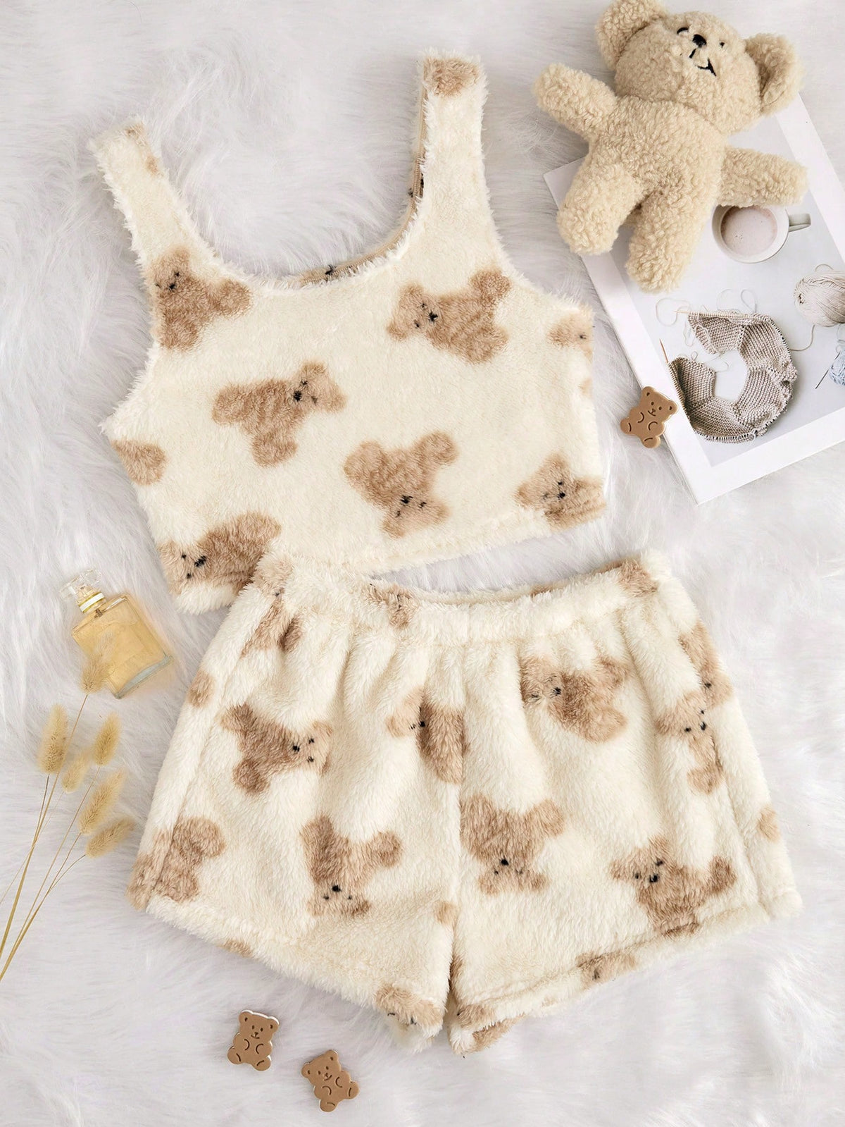 Women's Cute Bear Pattern Plush Vest And Shorts Pajama Set