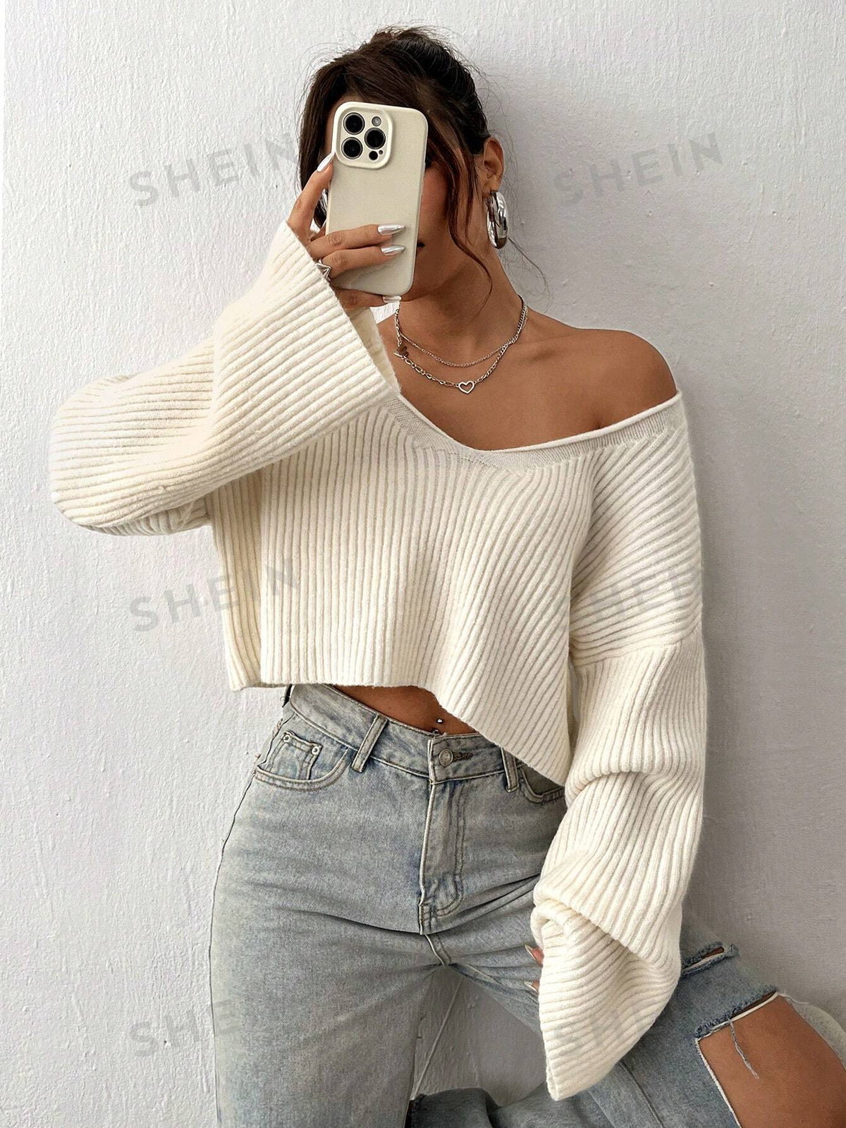 SHEIN EZwear Casual V-Neck Textured Sweater