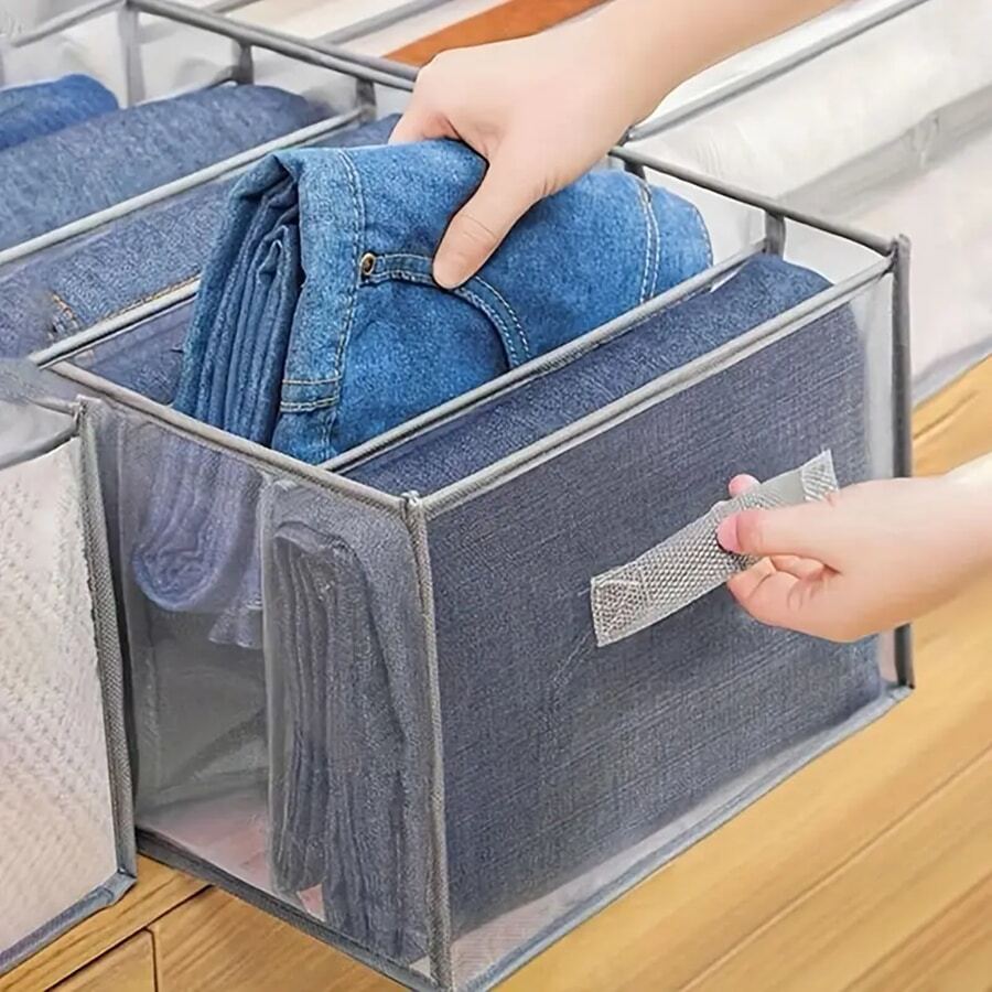 1pc Clothes Organizer With Handle, 7-grid Drawer Organizer For Jeans And T-shirts, Washable And Foldable Clothing Storage Box, Grey