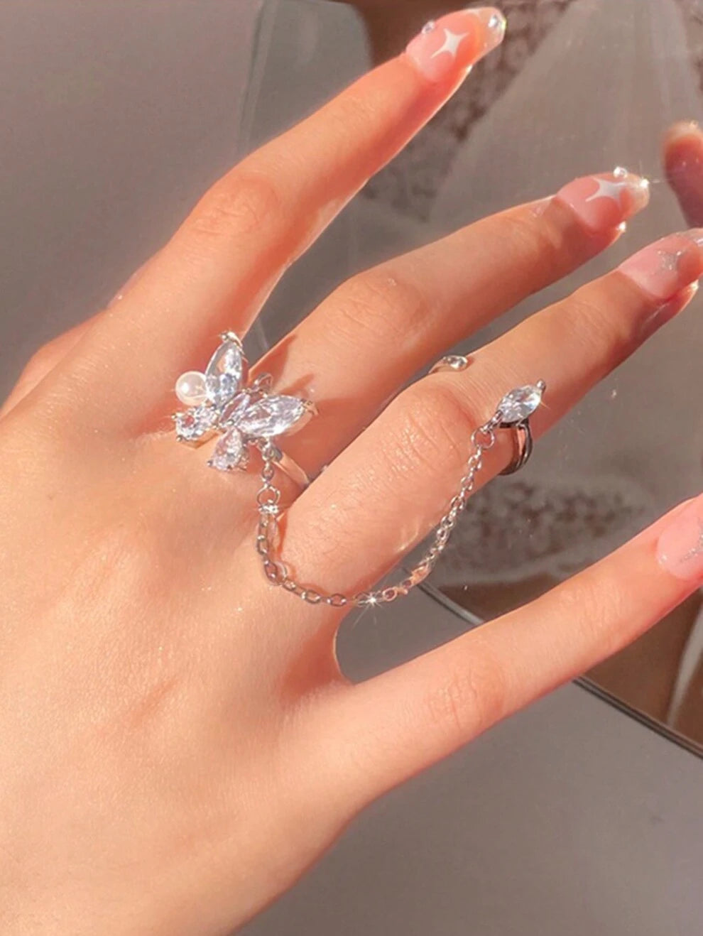 1pc Spring Fashionable Butterfly Geometric Simple Style Metallic Silver Double Ended Ring For Women Party