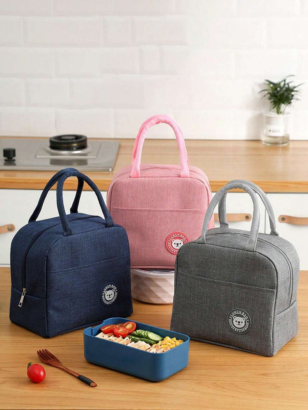 1pc Portable Polyester Lunch Bag,Cute Cartoon Bear Patched Durable Food Storage Bag For Picnic