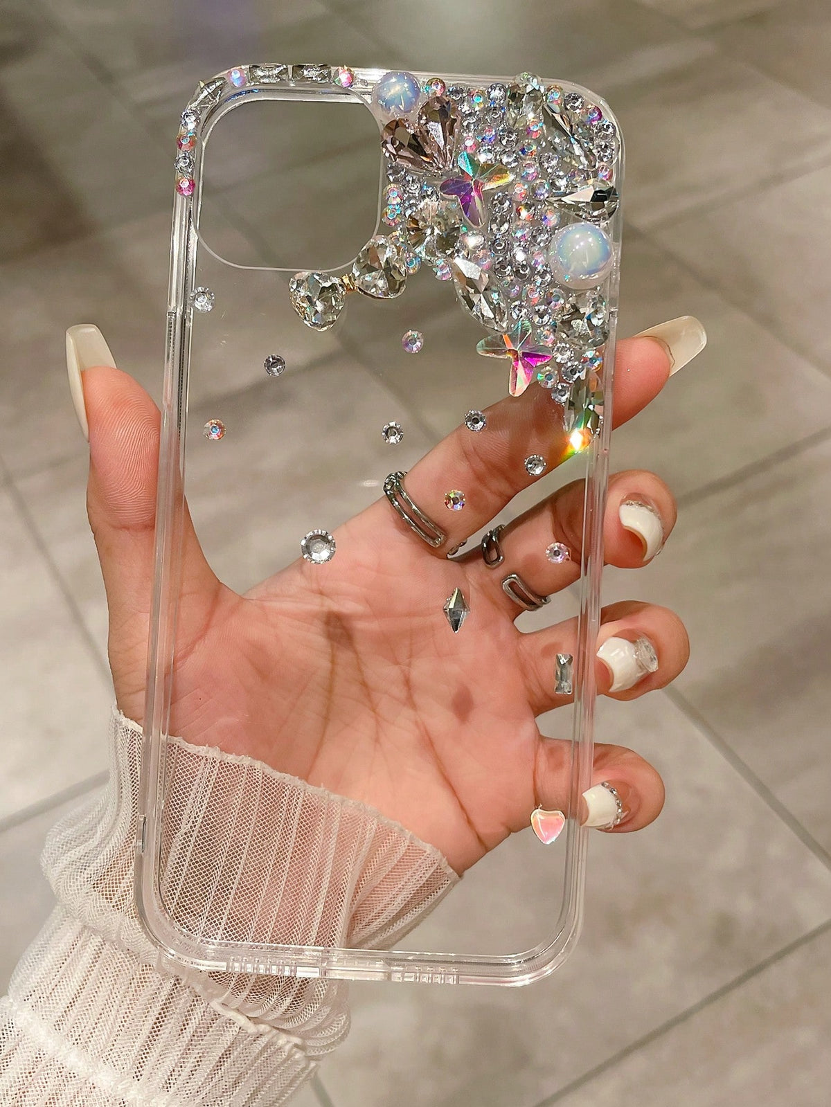 1pc Translucent Tpu Phone Case Handmade With Colorful Rhinestone, Pearl Decoration Compatible With IPhone Drop Protection Clear Phone Case