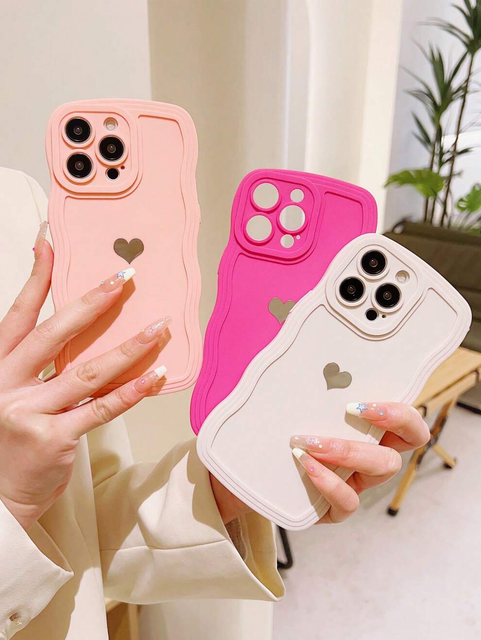 Pink Neon 3pcs/Set Solid Color Heart Print Phone Case