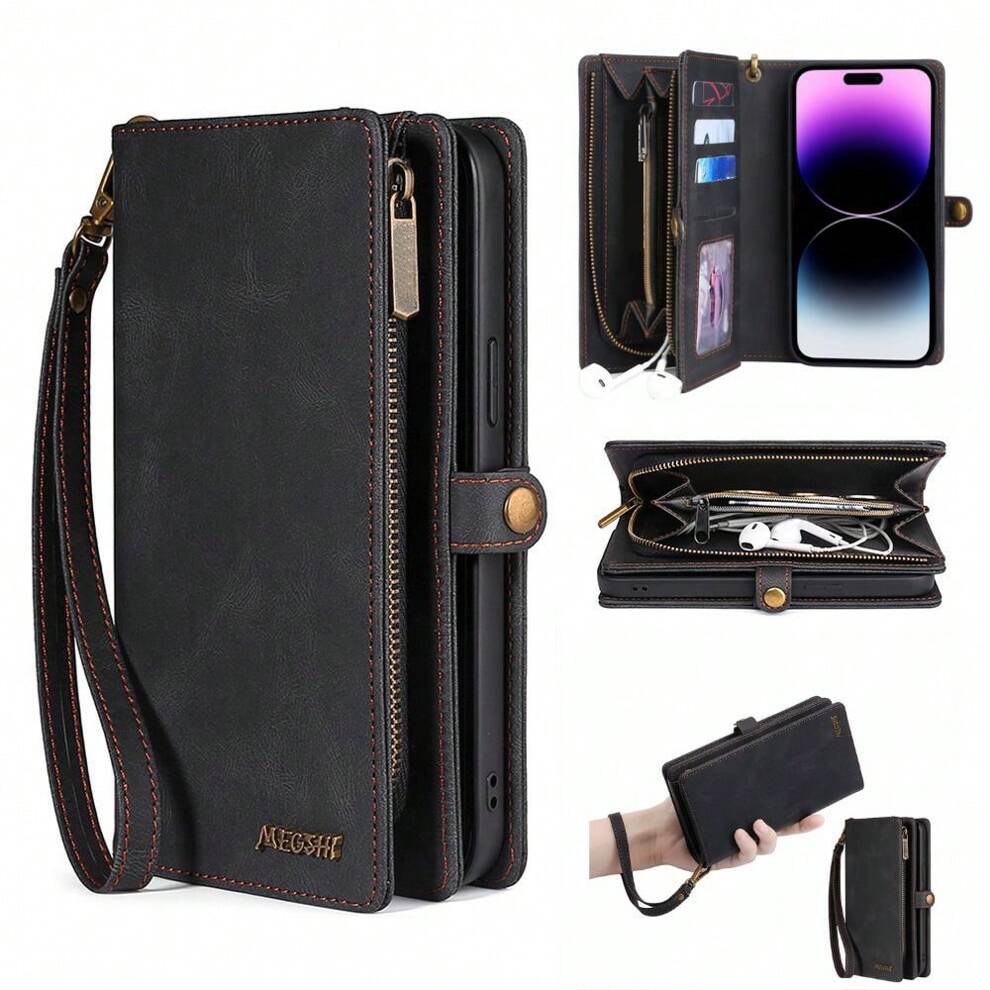 Black 2-in-1 Magnetic Detachable Pu Leather Phone Case Wallet For Men, Women, Boys & Girls With 4 Card Slots, Zipper Pocket And Hand Wristband, Compatible With Iphone/samsung