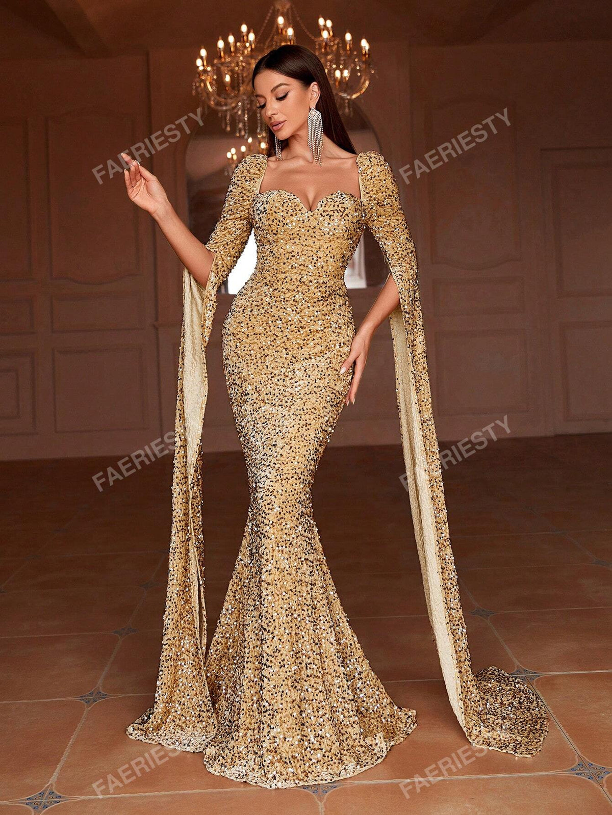 Sweetheart Neck Extra-Long Sleeve Sequin Mermaid Dress