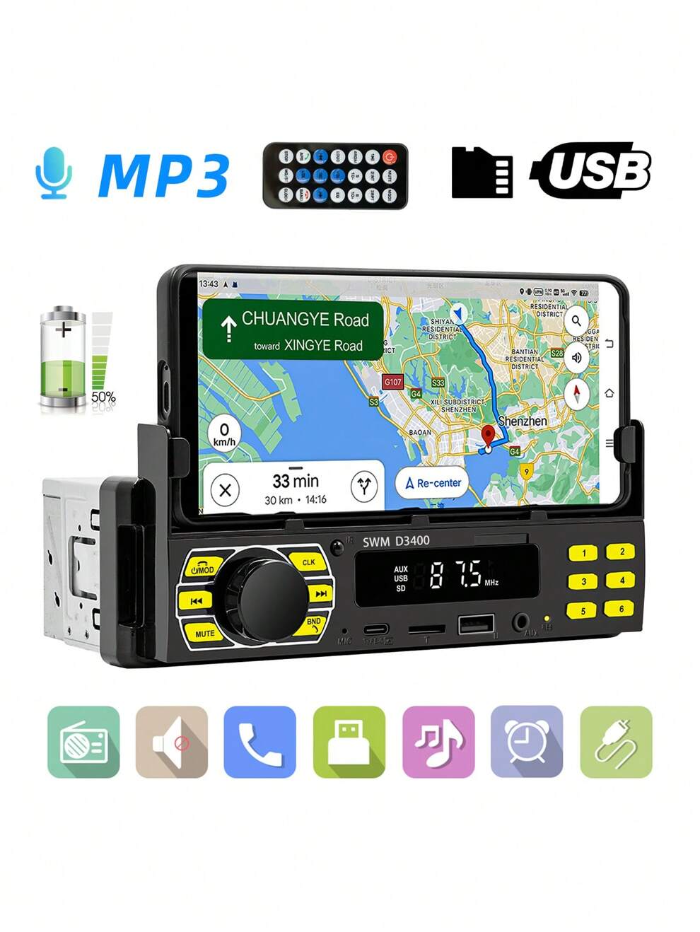 1Din Car Radio Audio Music Stereo 12V Car MP3 Player USB/SD/AUX-IN With mobile phone holder