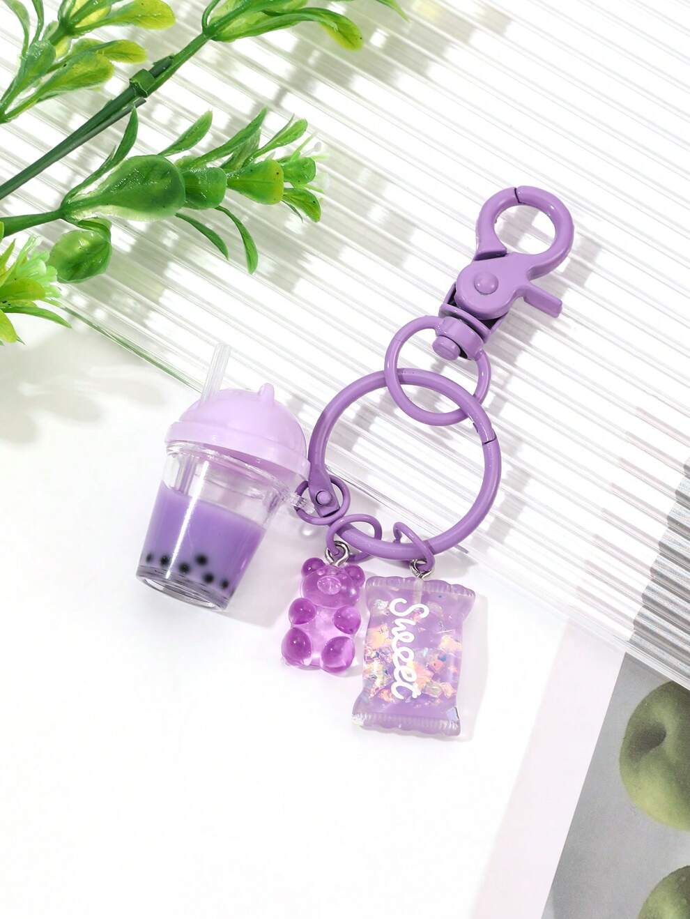 Cute Men's Casual Boba Tea Cup, Candies And Mini Bear Decor Keychain For Bags