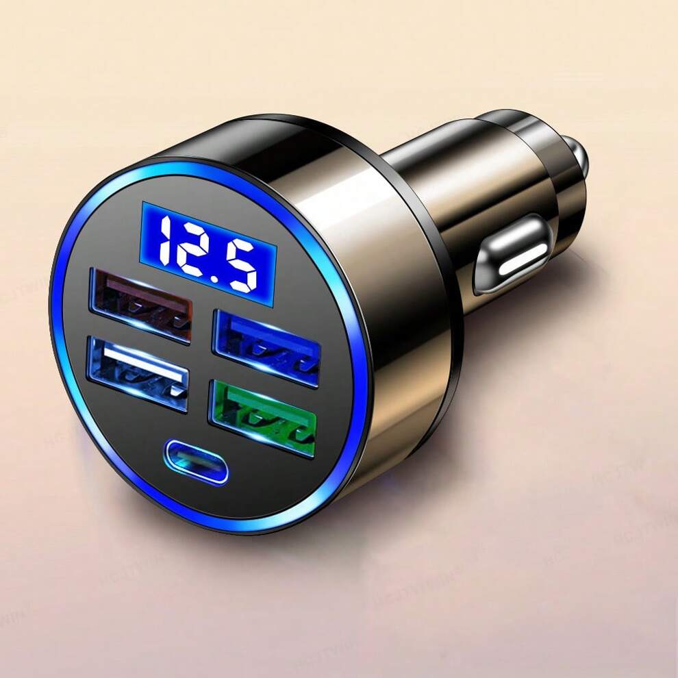 1pc Black 4-usb Port With Type-c Car Charger Adapter Featuring Led Display Of Voltage And Current