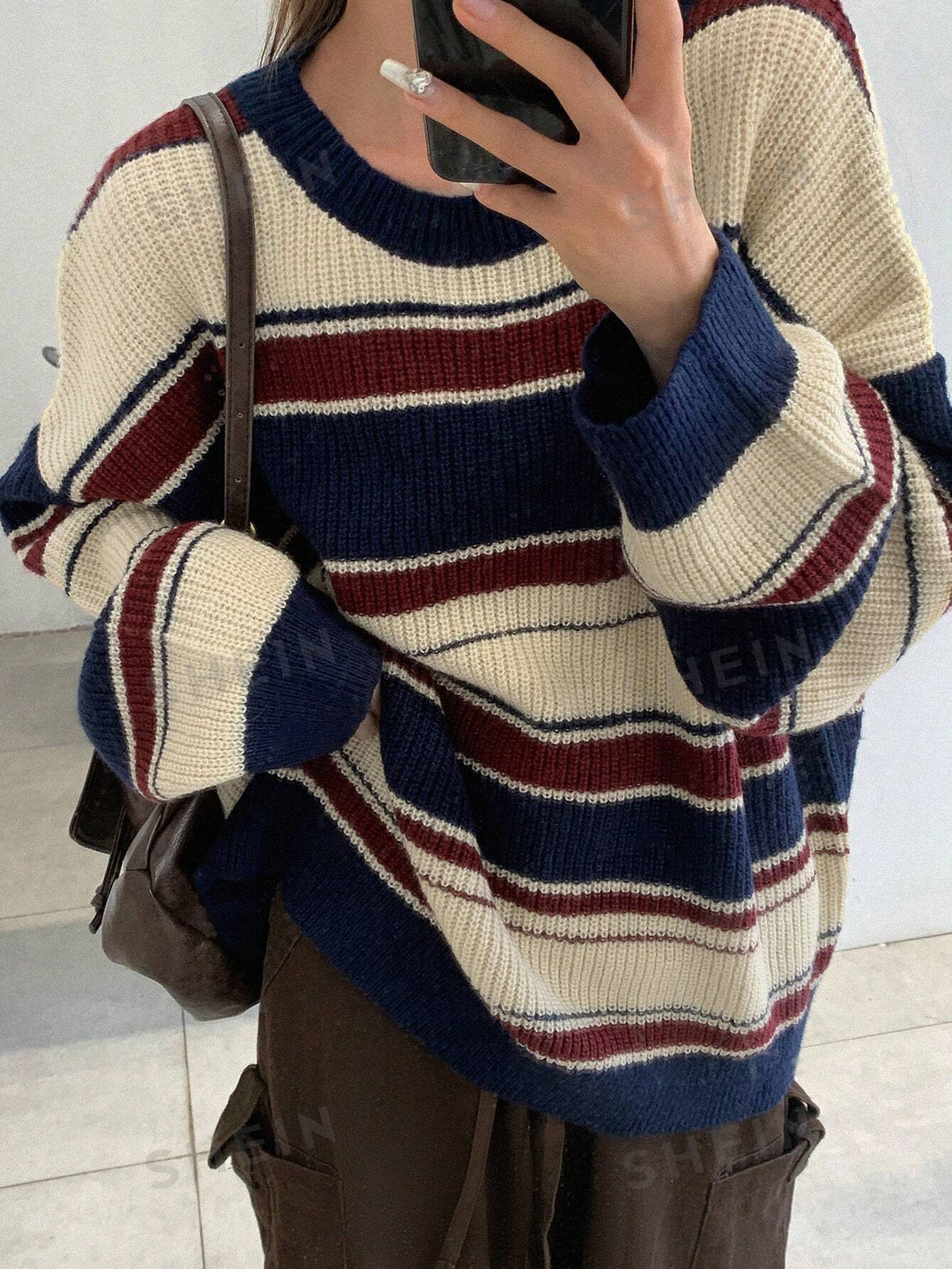 DAZY Round Neck Loose Fit Drop Shoulder Striped Sweater