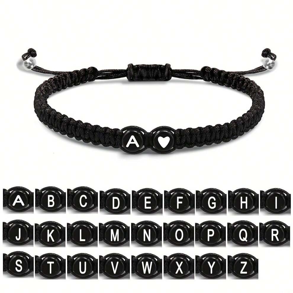 1pc Black & White Heart & 26 Letters Braided Bracelet, Minimalist Lover Jewelry Bracelet