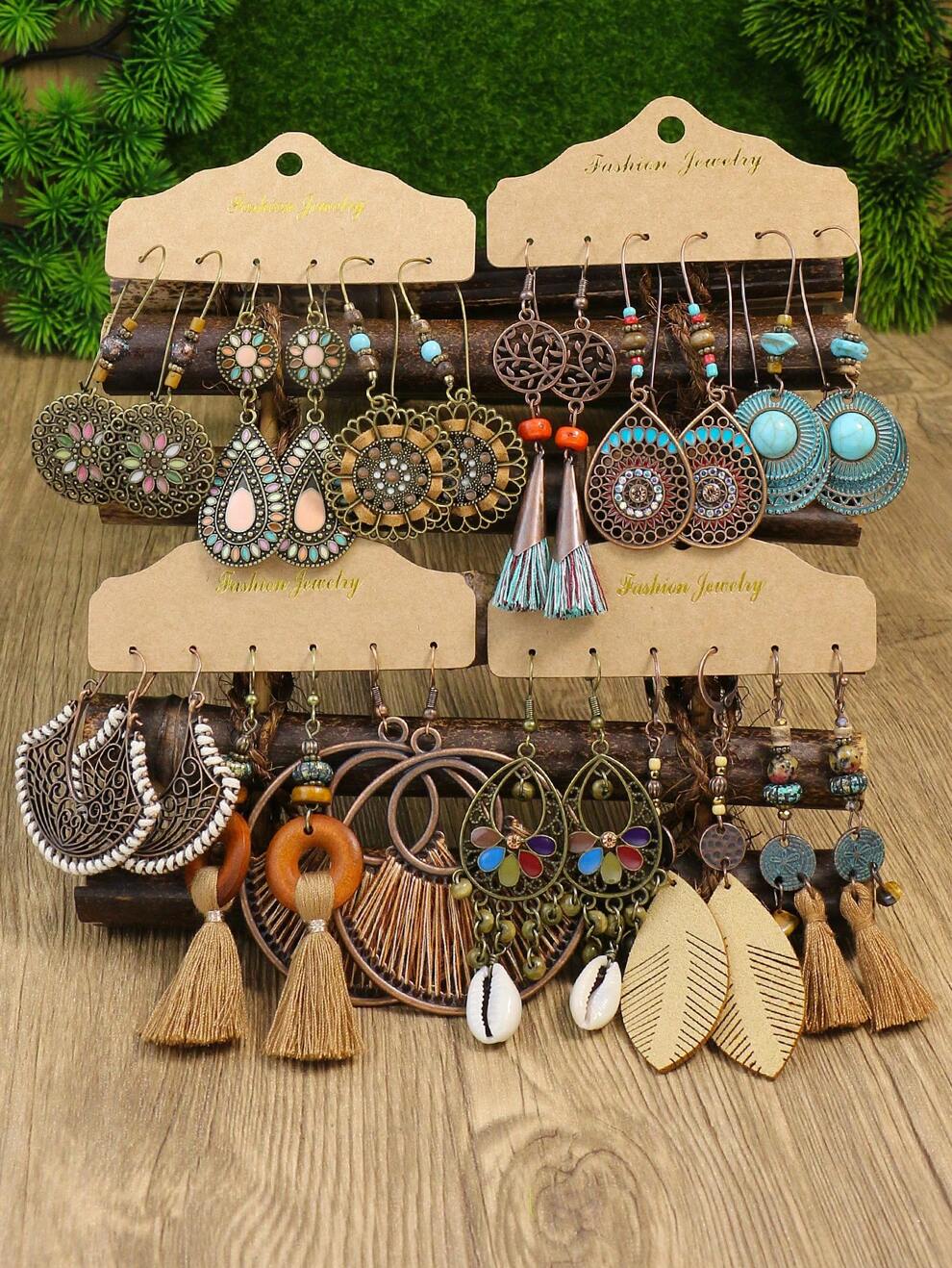 12pairs/set Vintage Geometric Round Shaped Earrings Set For Women With Tassel, Shell & Big Ring Design, Bohemian Drop Oil Ear Jewelry For Travel, Party, Daily, Work Wear