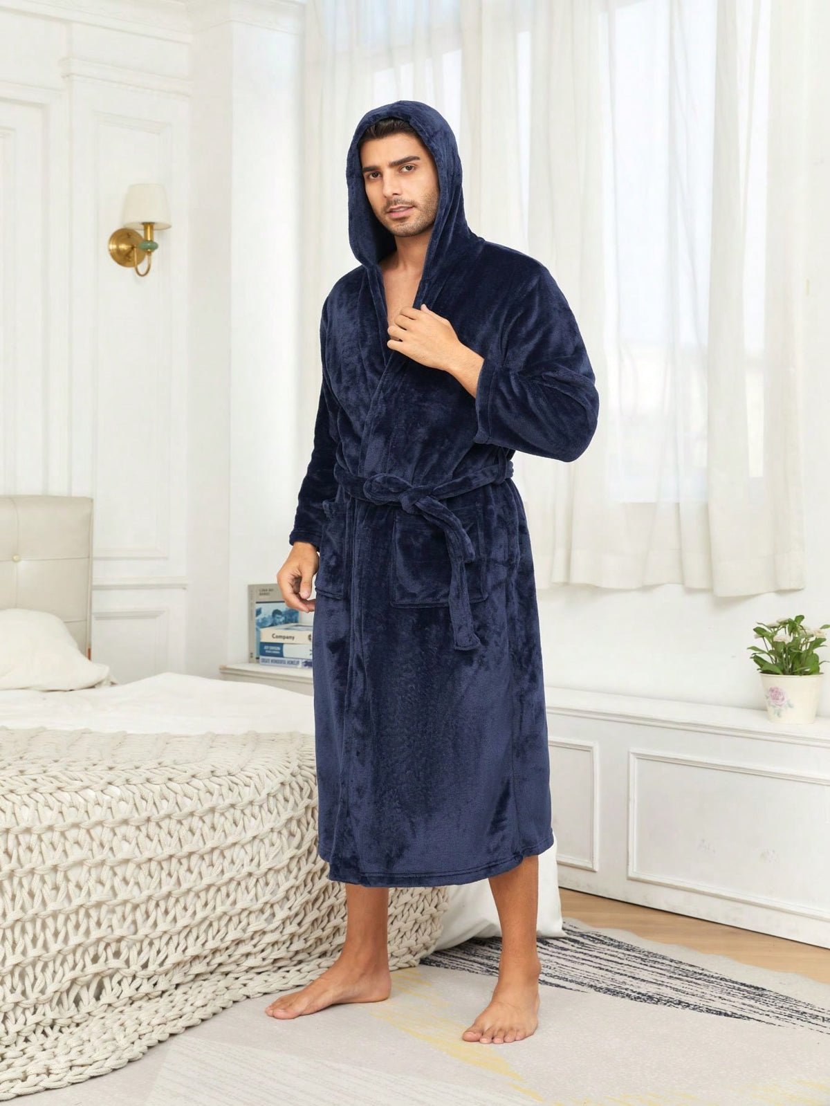 Men's Flannel Hooded Bathrobe For Home Wear