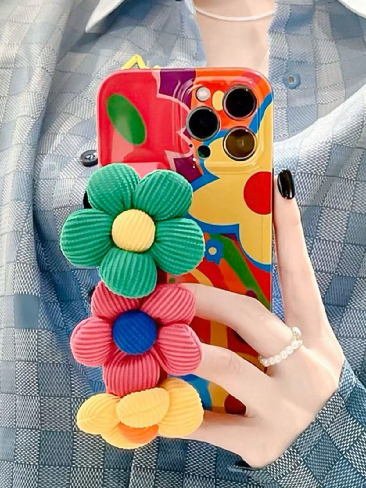 Flower Plush Fabric Three-Tone Floral Pattern Wristlet Phone Case