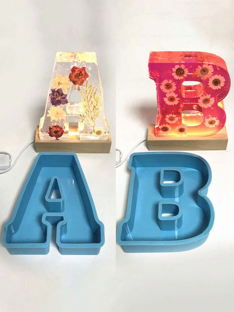 1pc Big Alphabet Resin Mould With Crystals On Silicone For Diy Craft Decoration With 3-color Usb Light Base For Anniversary Gift / Souvenir Display On Desk